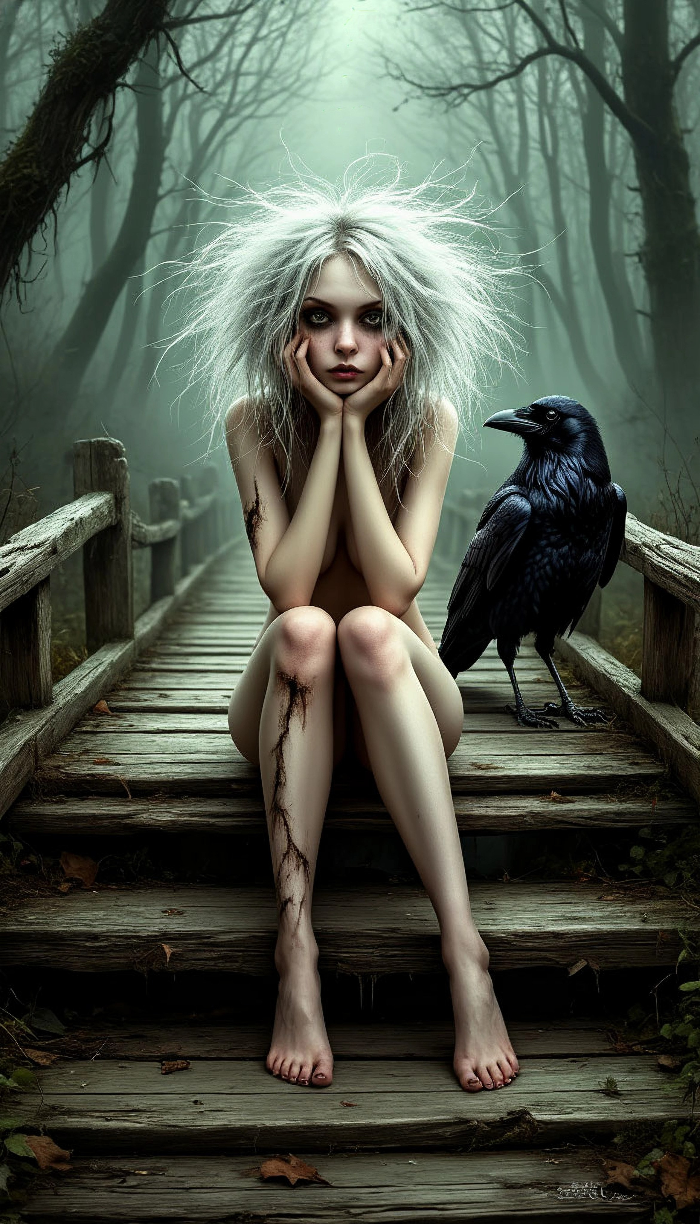 Обнаженная девушка с с вороном в стиле Тима Бертона
