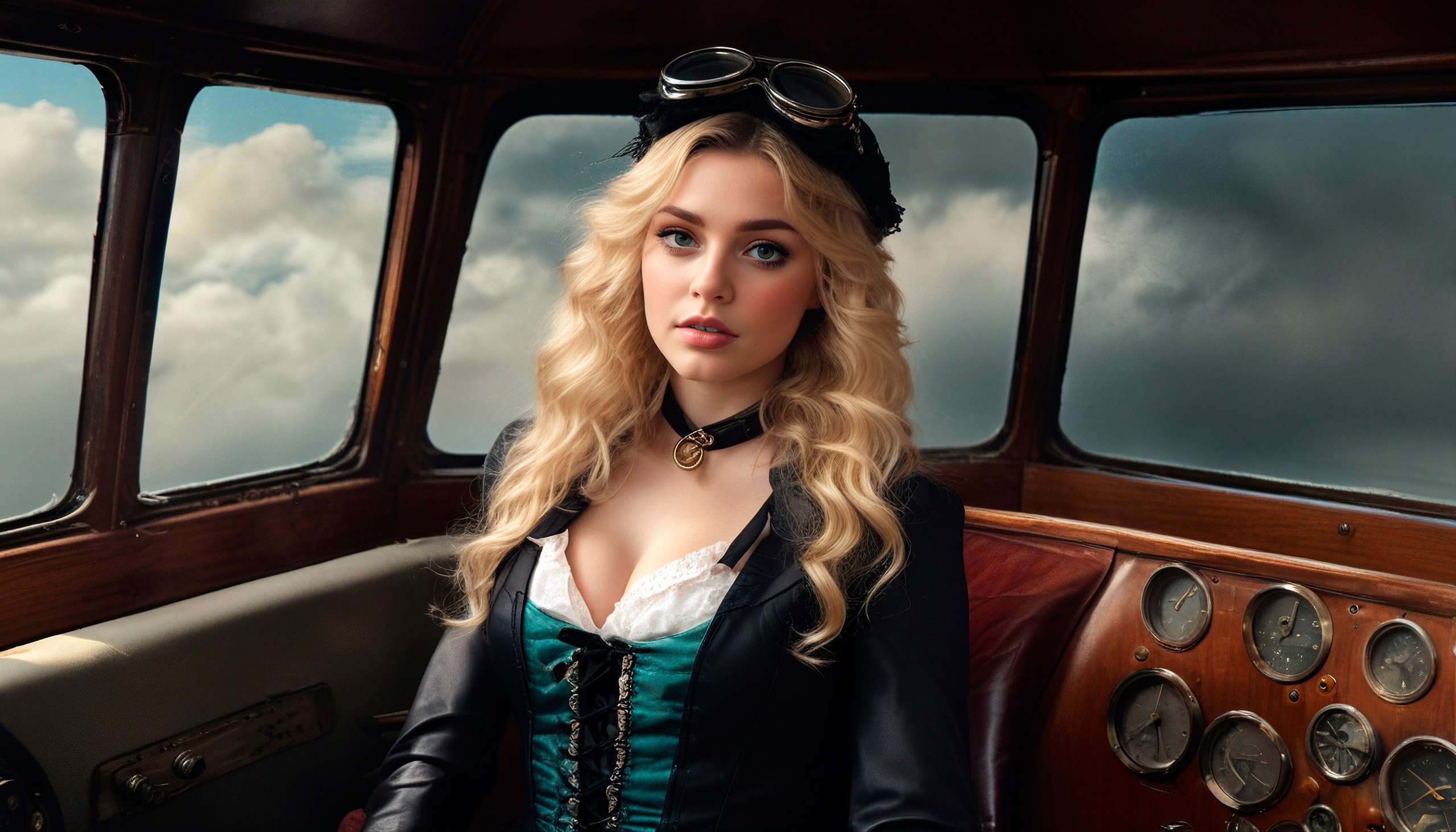 Alice is in Steampunk Country..In the cockpit of a fantastic steam aircraft..