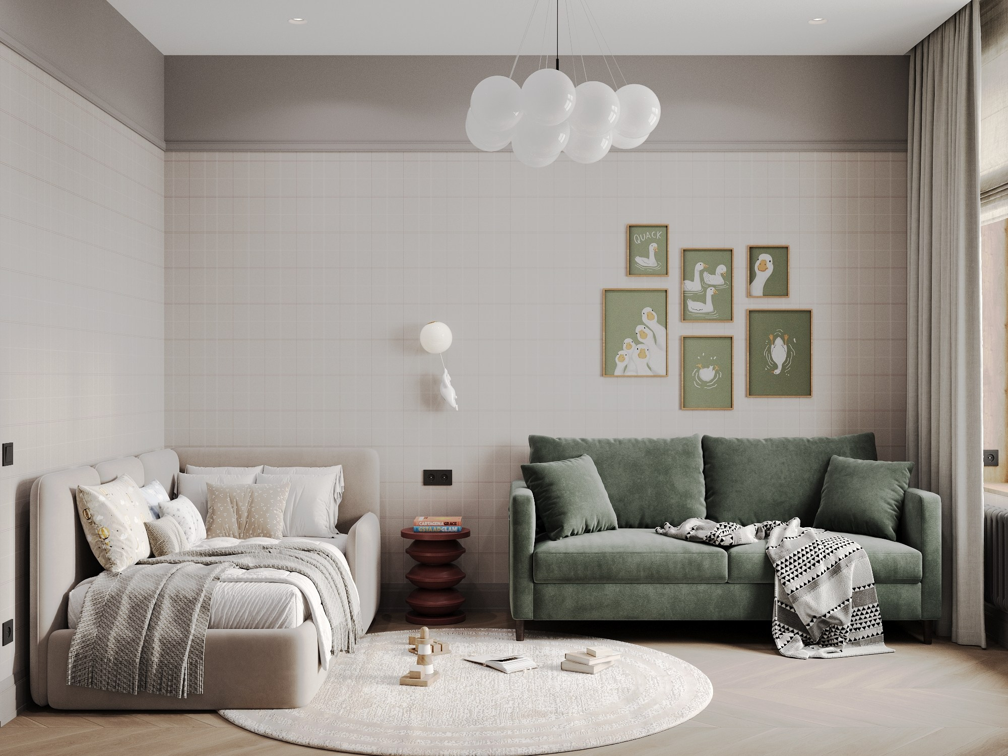 дизайн интерьера детской комнаты с диваном и отдельной кроваткой