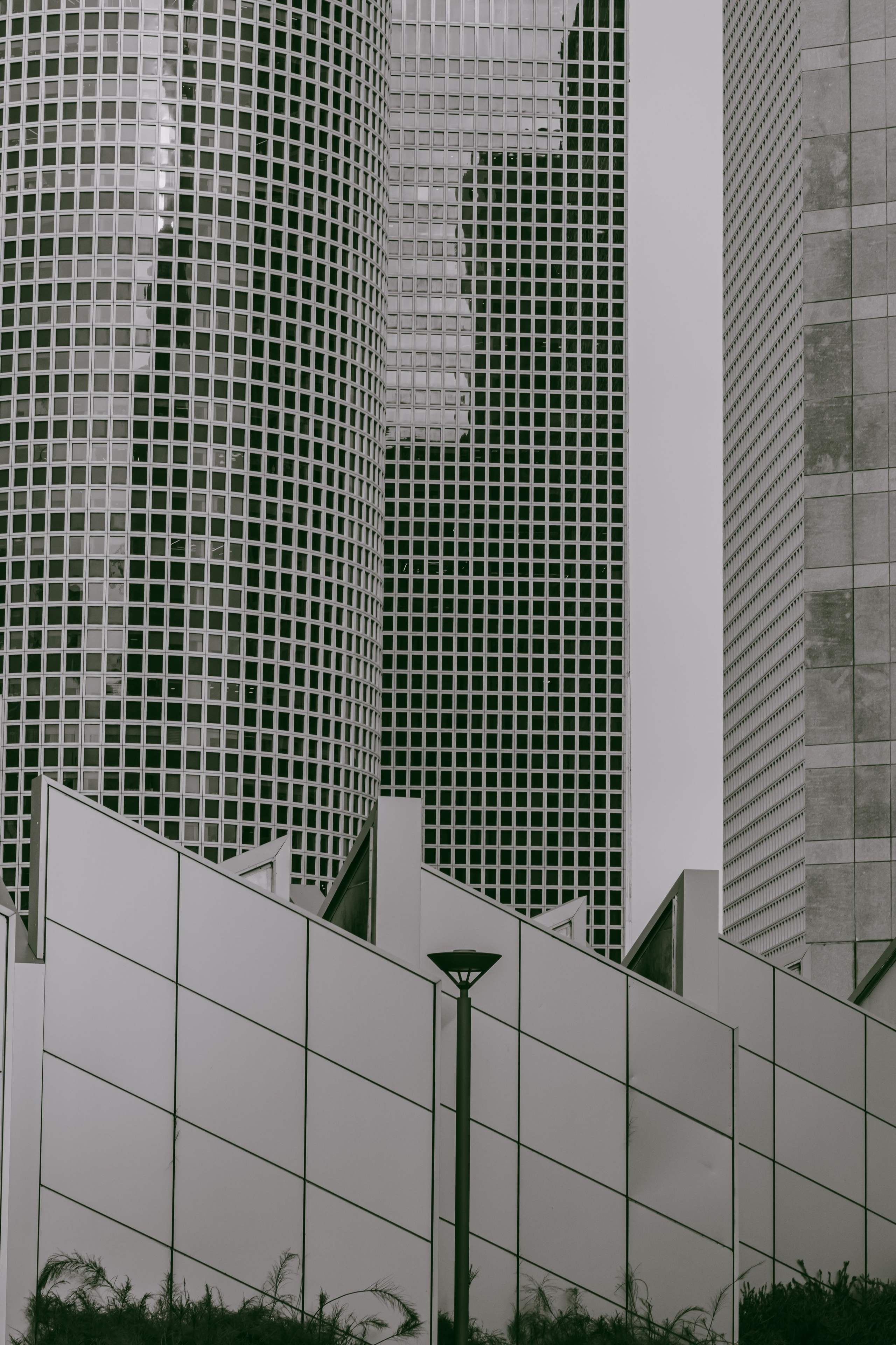 черно белая фотография с выотками, стеклянные здания