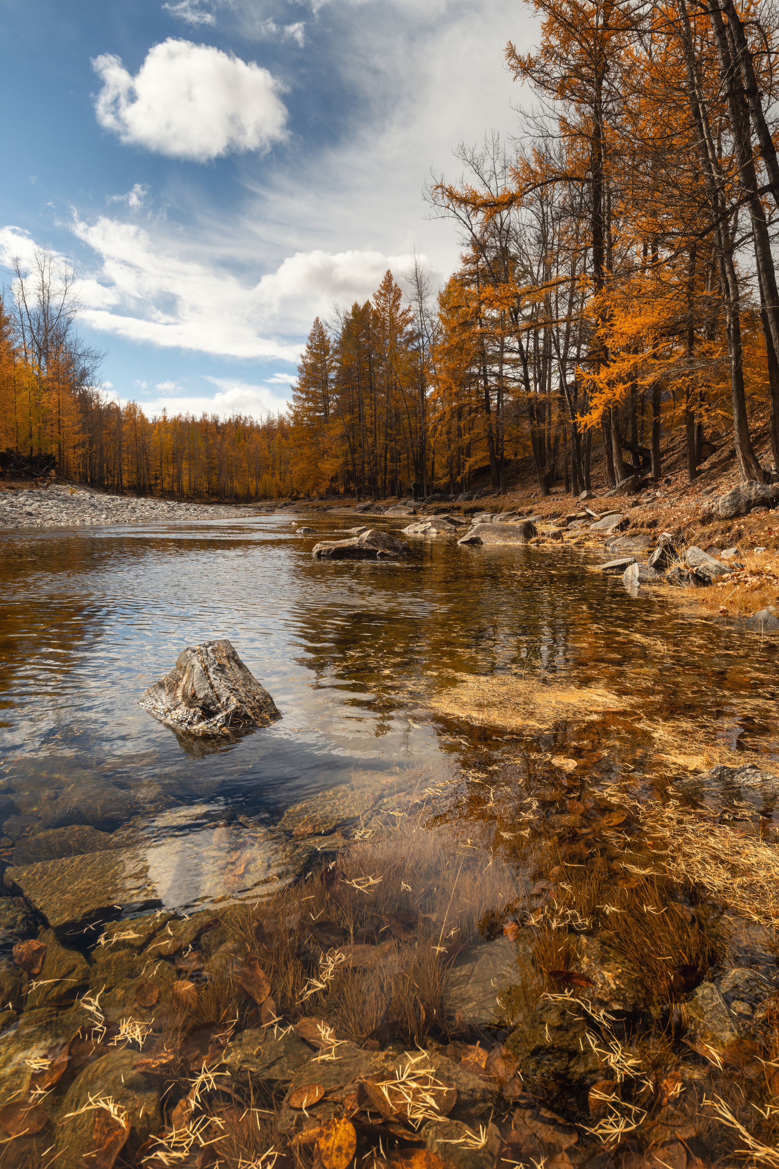 Quiet autumn day. Oka river, Okinsky district, Republic of Buryatia, the Eastern Siberia, Russia.