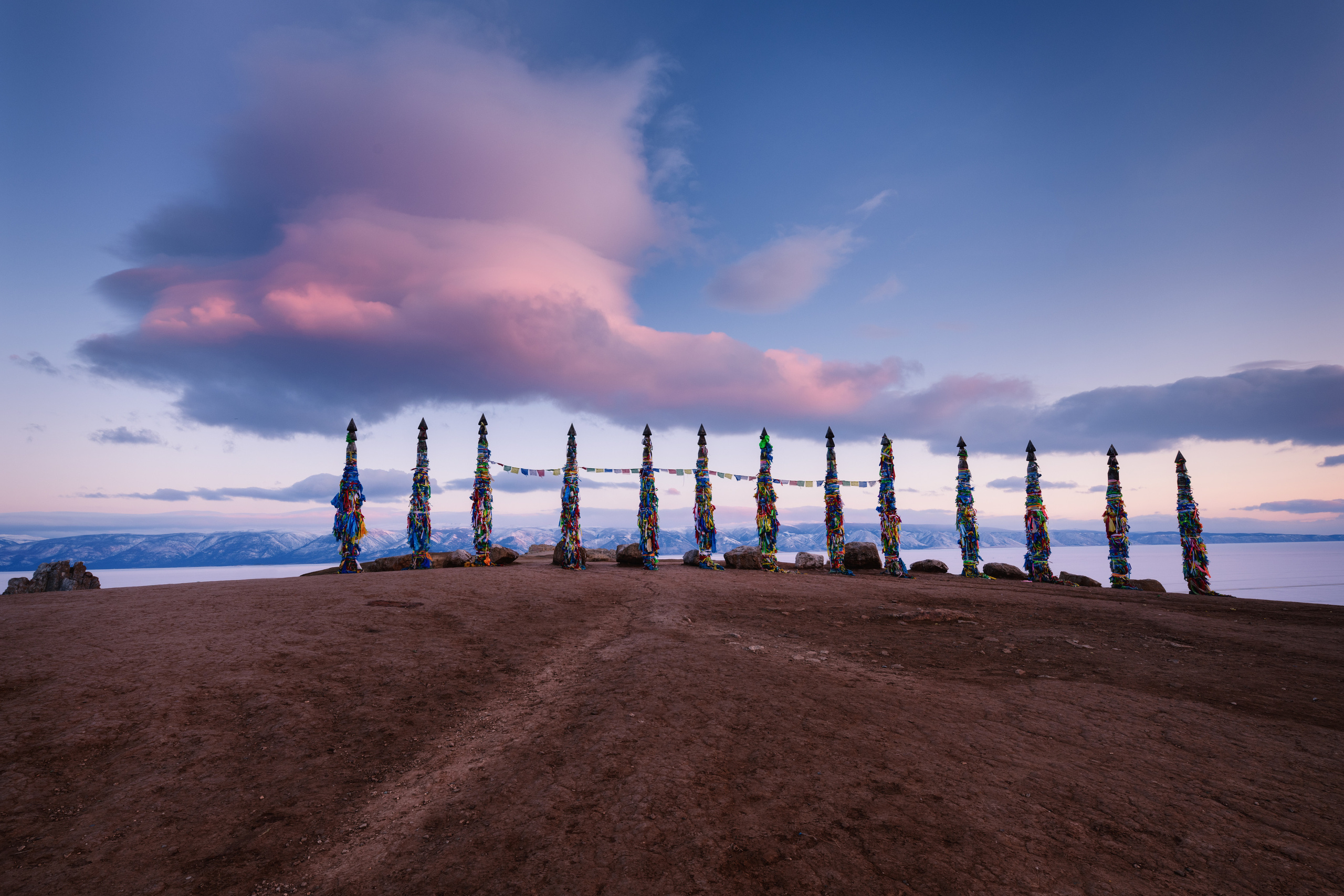 13 serge. Ritual shaman pillars named serge. Cape Burkhan, Khuzhir, Olkhon island, Baikal, Siberia, Russia.