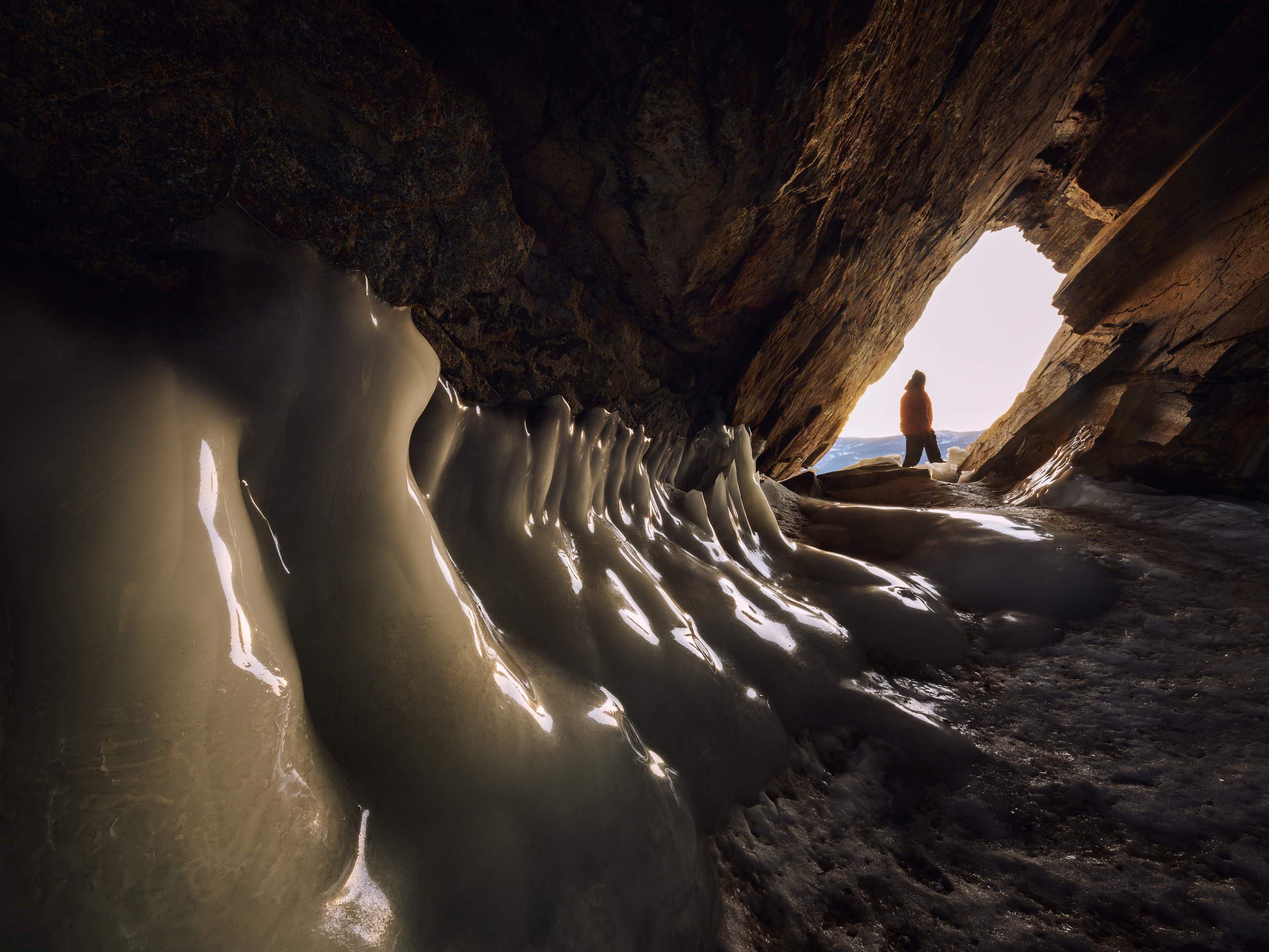 Ice and rock. Sharga-Dagan islet, Cape Uyuga, Baikal, Siberia, Russia.