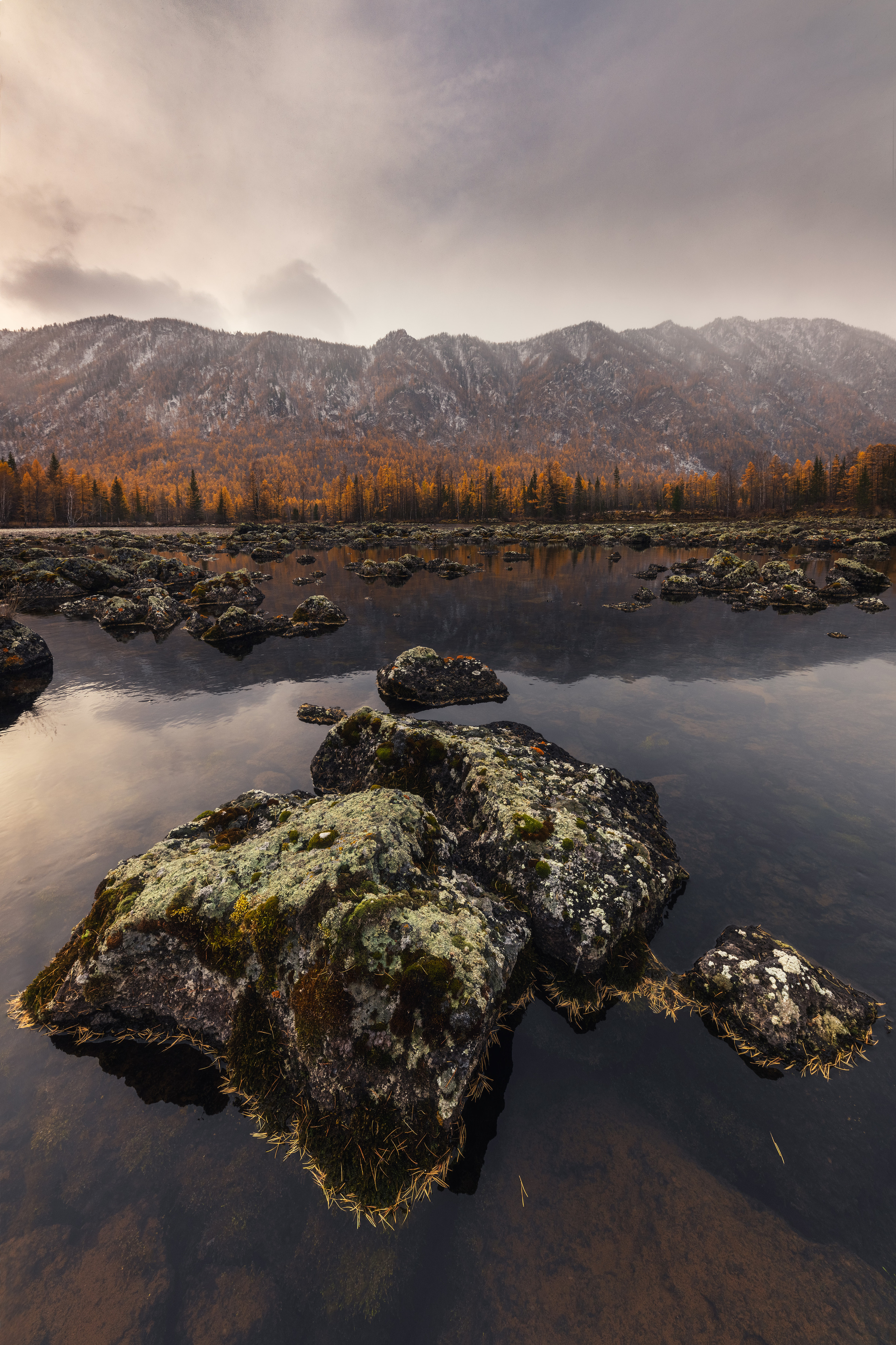 Autumn time at lava lake. Lava lakes valley, Okinsky district, the Republic of Buryatia, the Eastern Siberia, Russia.