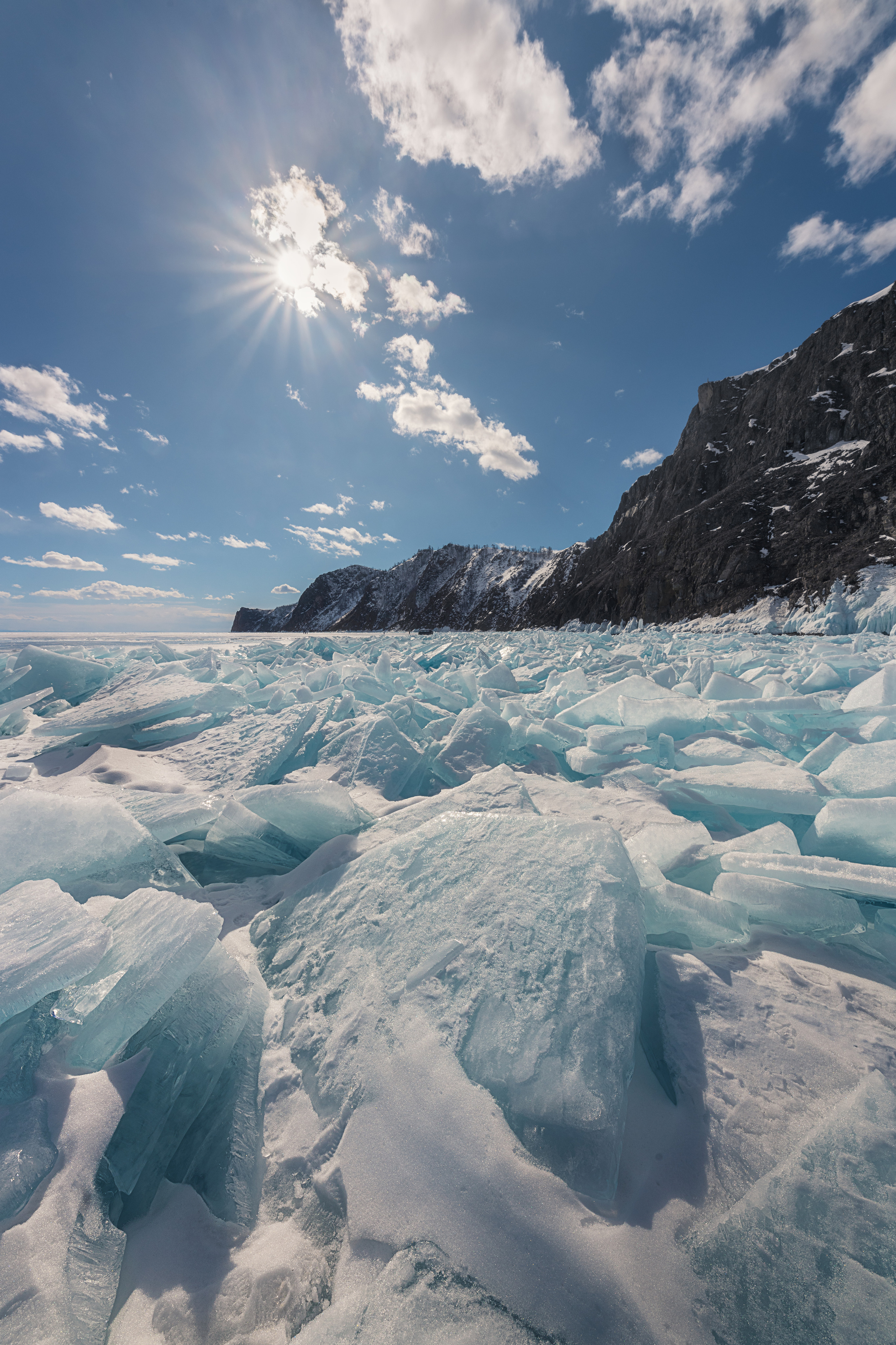 Frost and sunshine. Island Olkhon, Lake Baikal, Siberia, Russia.