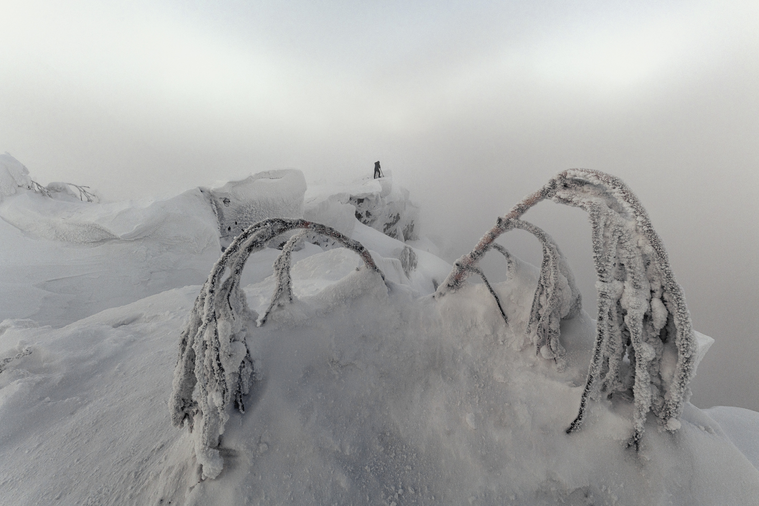Bitter winter morning. Mount Polud, Krasnovishersk, Perm krai, Russia.