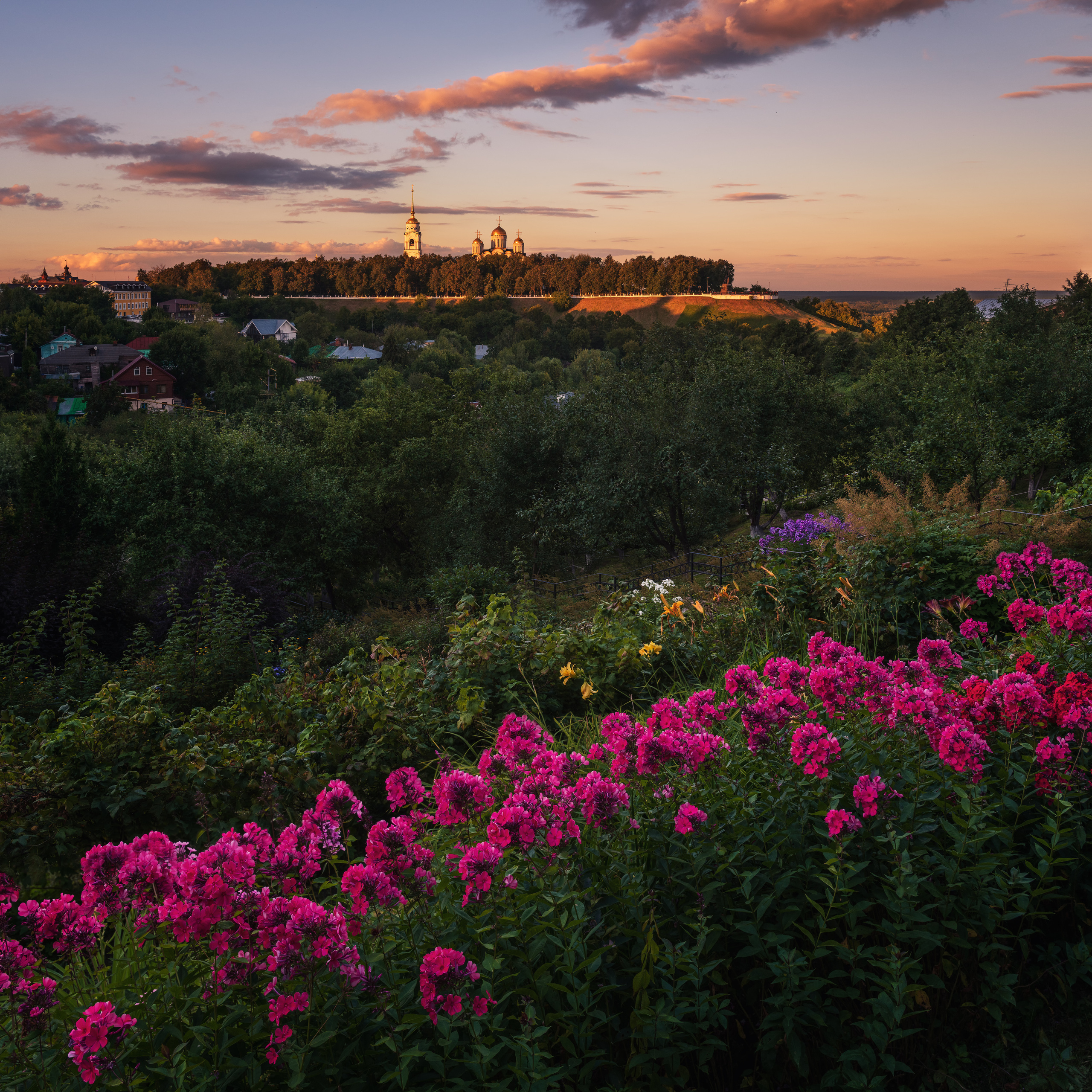 Summer evening in Vladimir. View of the Holy Assumption Cathedral from the Patriarchal Garden.