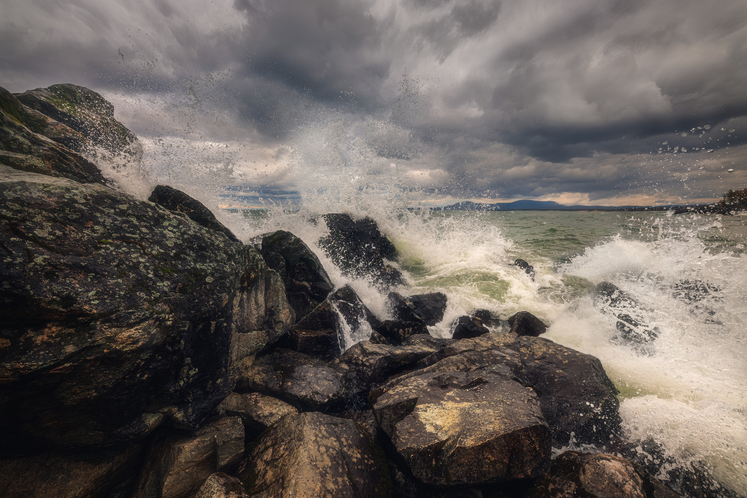Stormy morning at the Baikal. Lake Baikal, Turka, the Republic of Buryatia, Siberia, Russia.