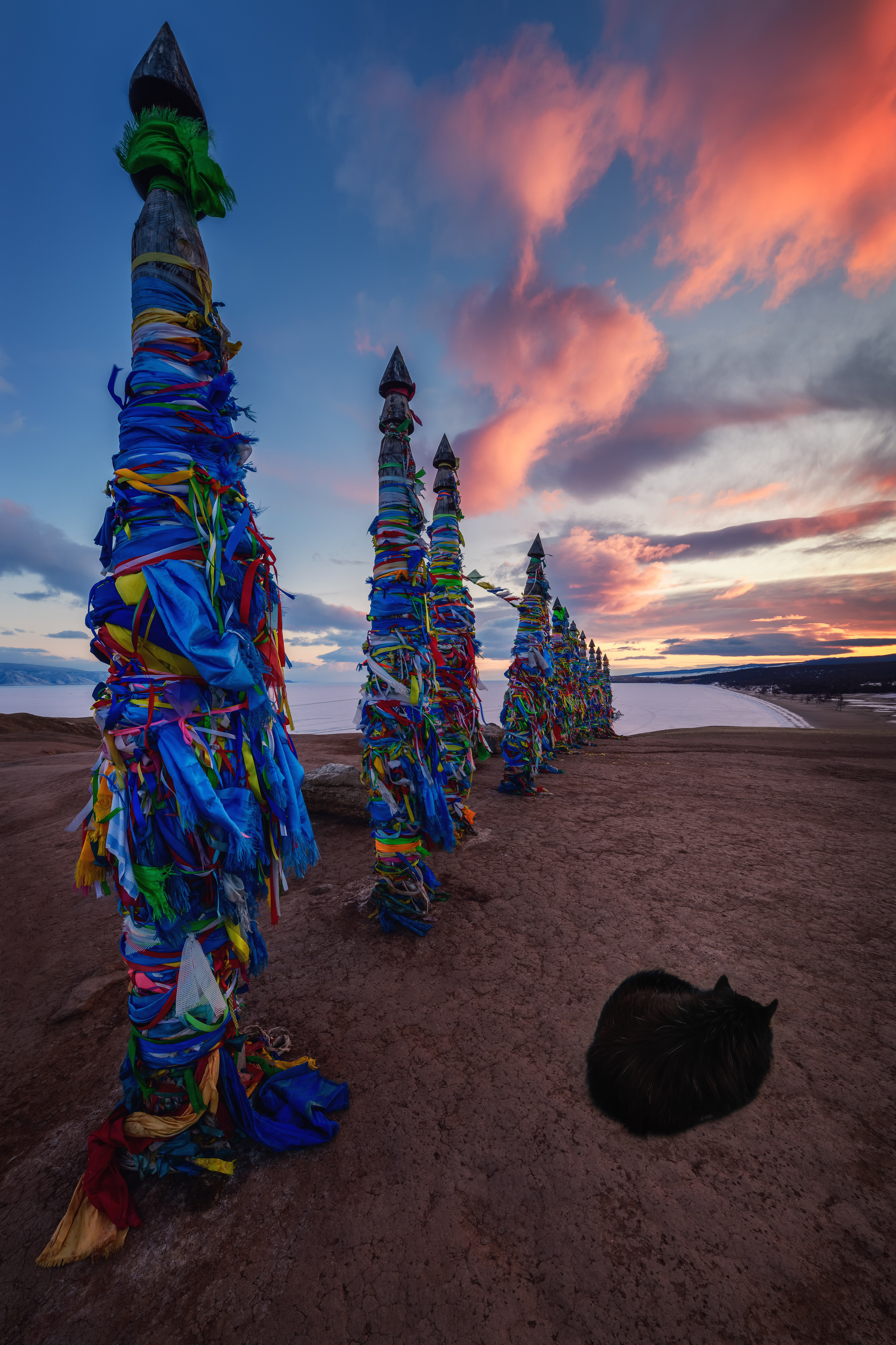 Before sunrise. Ritual shaman pillars named serge. Cape Burkhan, Khuzhir, Olkhon island, Baikal, Siberia, Russia.
