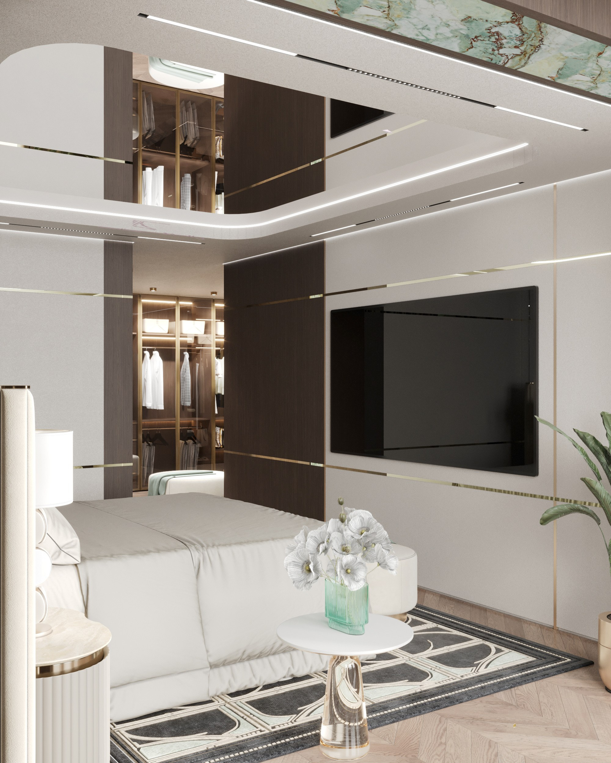 Визуализация спальни с видом на телевизионную зону и гардеробную: светлые стены с золотыми акцентами