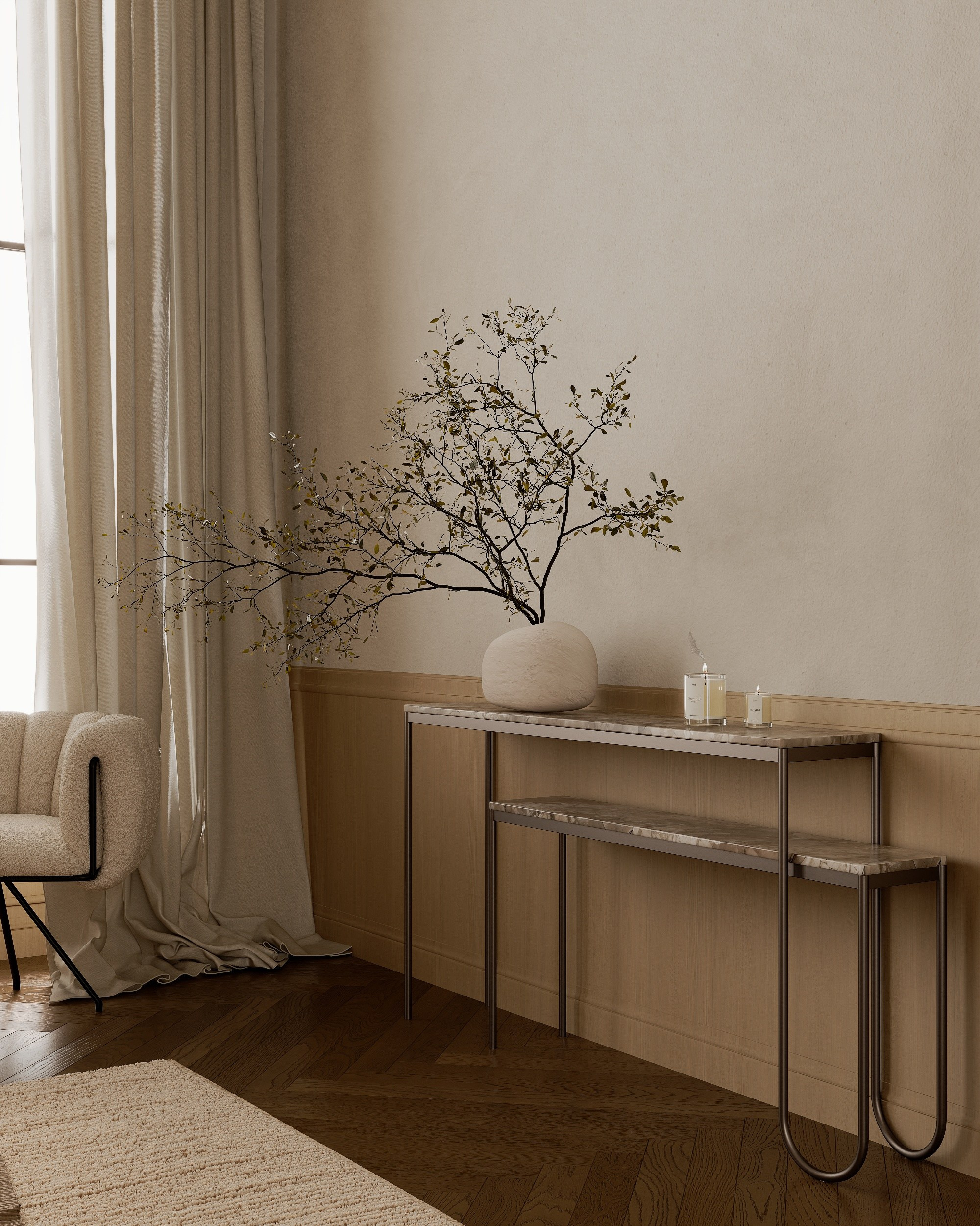 Bedroom interior in the spirit of neoclassicism and minimalism. Solovets visualization