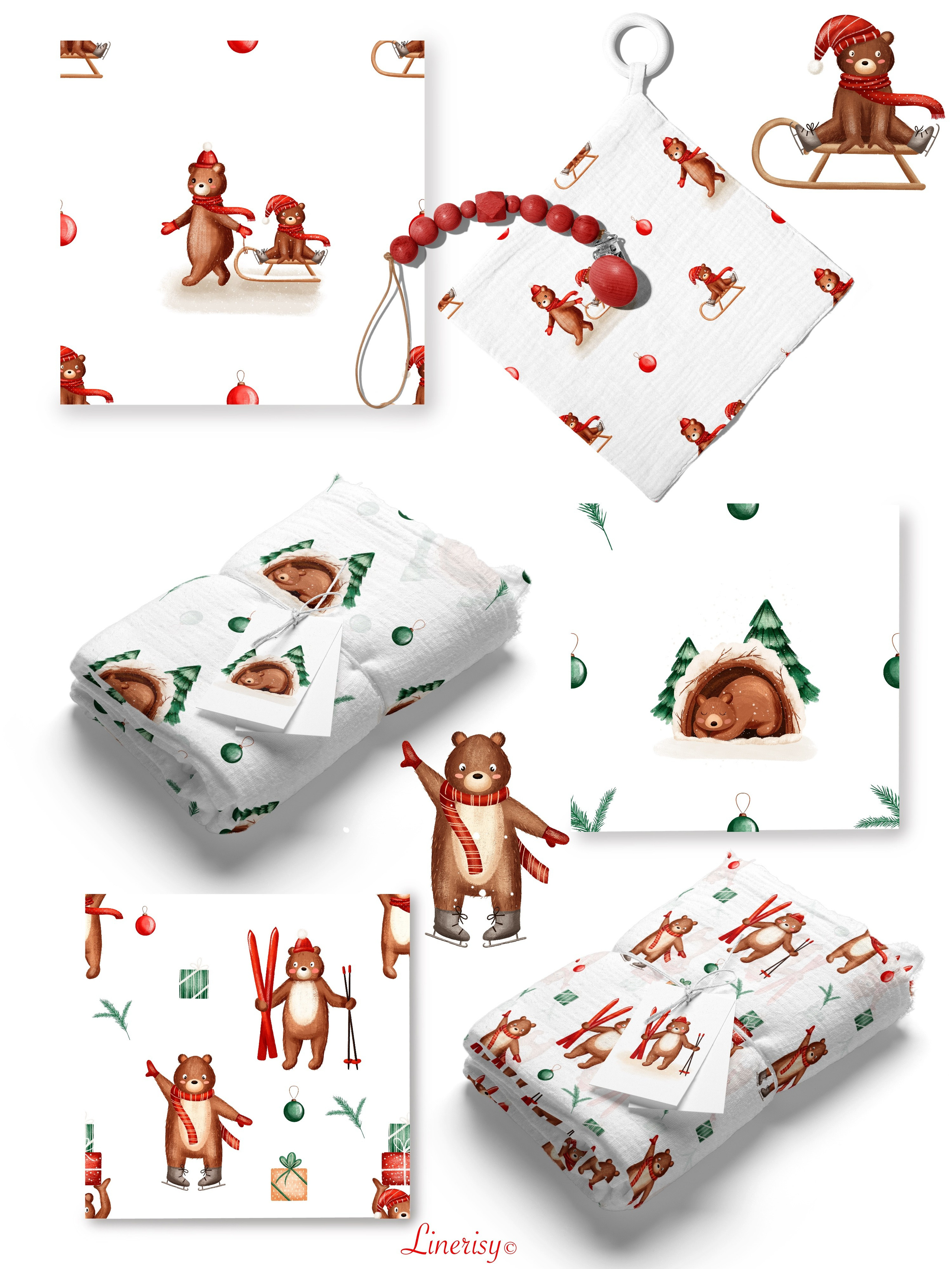 Коллекция «С Новым годом, Мишка» — графические иллюстрации, композиции, постеры и бесшовные паттерны. Художник-иллюстратор Евгения Бекренёва