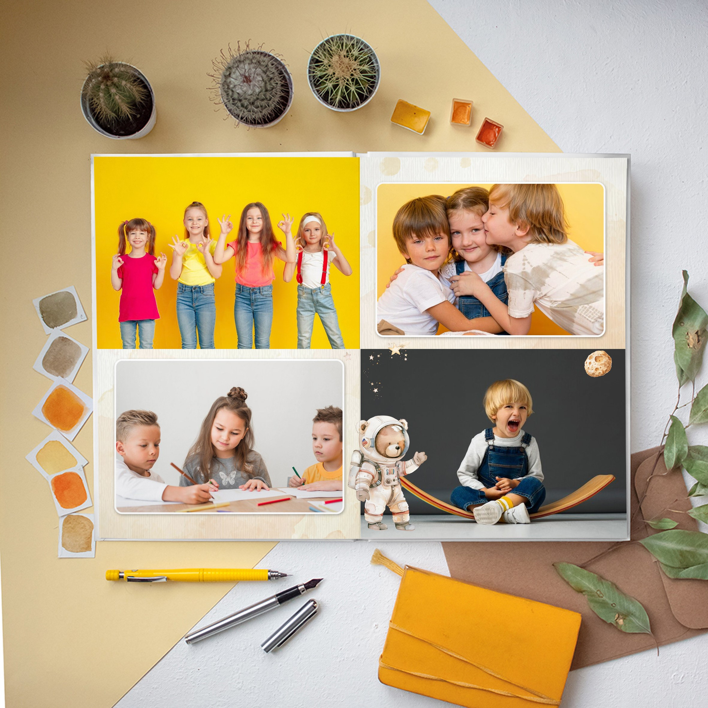 Выпускной альбом для детского сада МИШКА КОСМОНАВТ на 5 разворотов, Выпускные альбомы в космо стиле для выпускников детского сада.