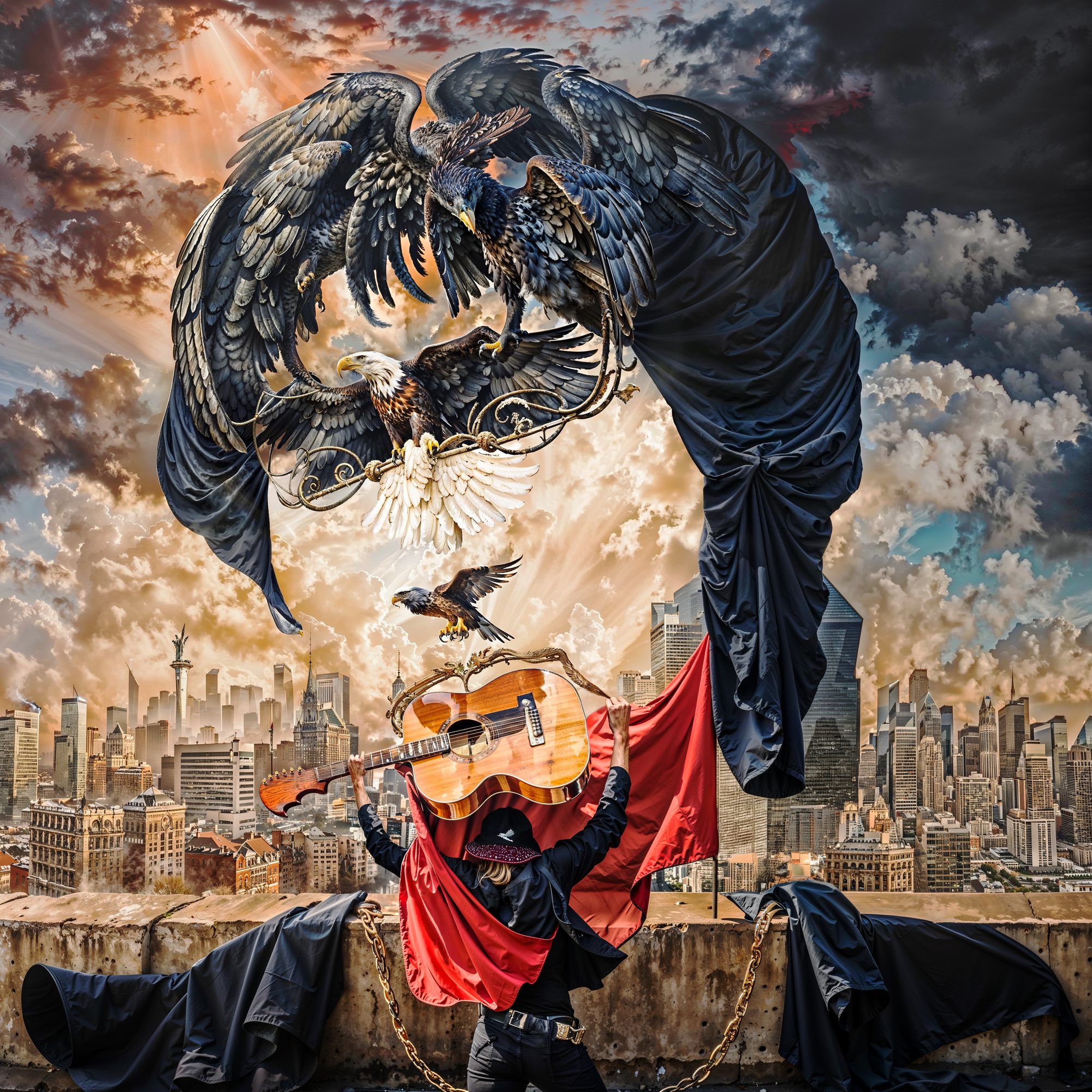 Сюрреалистическая сцена с гитарой, превращающейся в губы, которую держит человек в красной накидке на фоне города, над ним парят тёмные фигуры ангелов с распростёртыми крыльями.