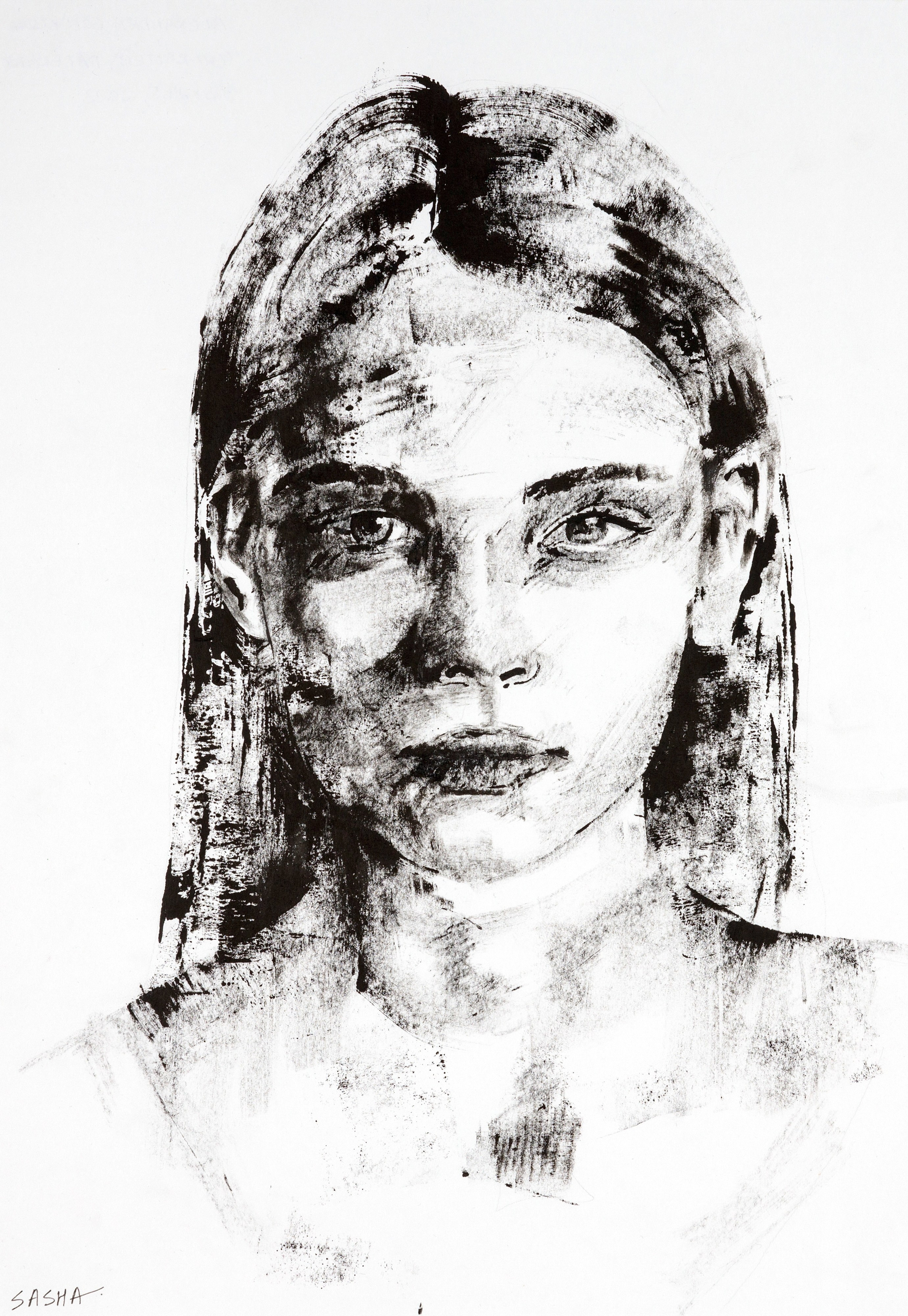 Черно-белый портрет девушки с пронзительным взглядом, нарисованный широкими мазками