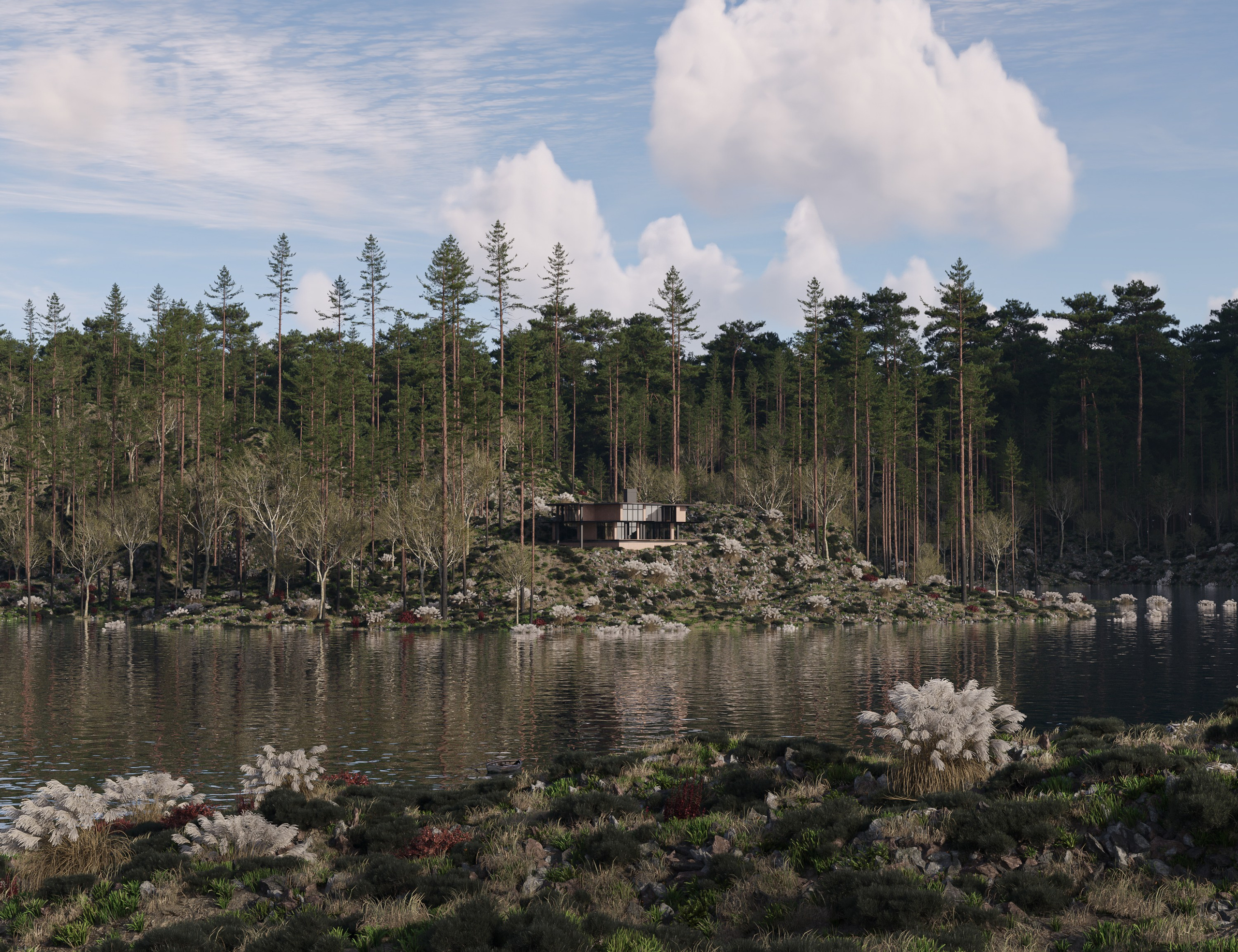 Коттедж у озера. 3D визуализация интерьера и архитектурной среды