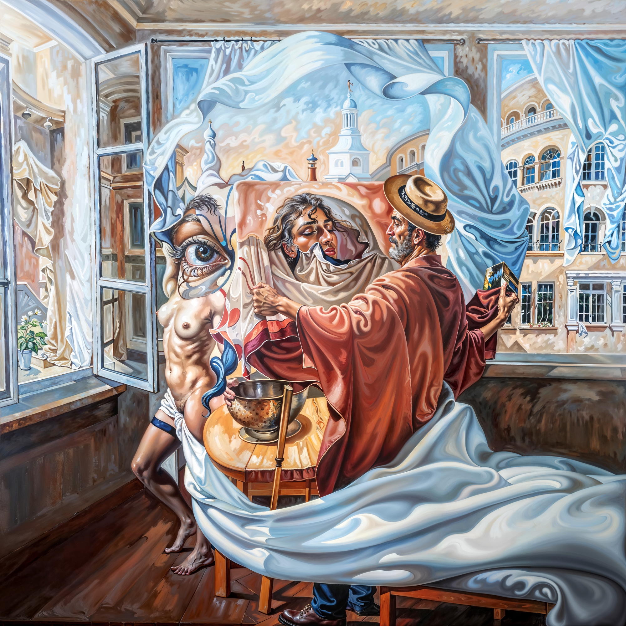 Художник рисует полотно, которое само формирует женское лицо