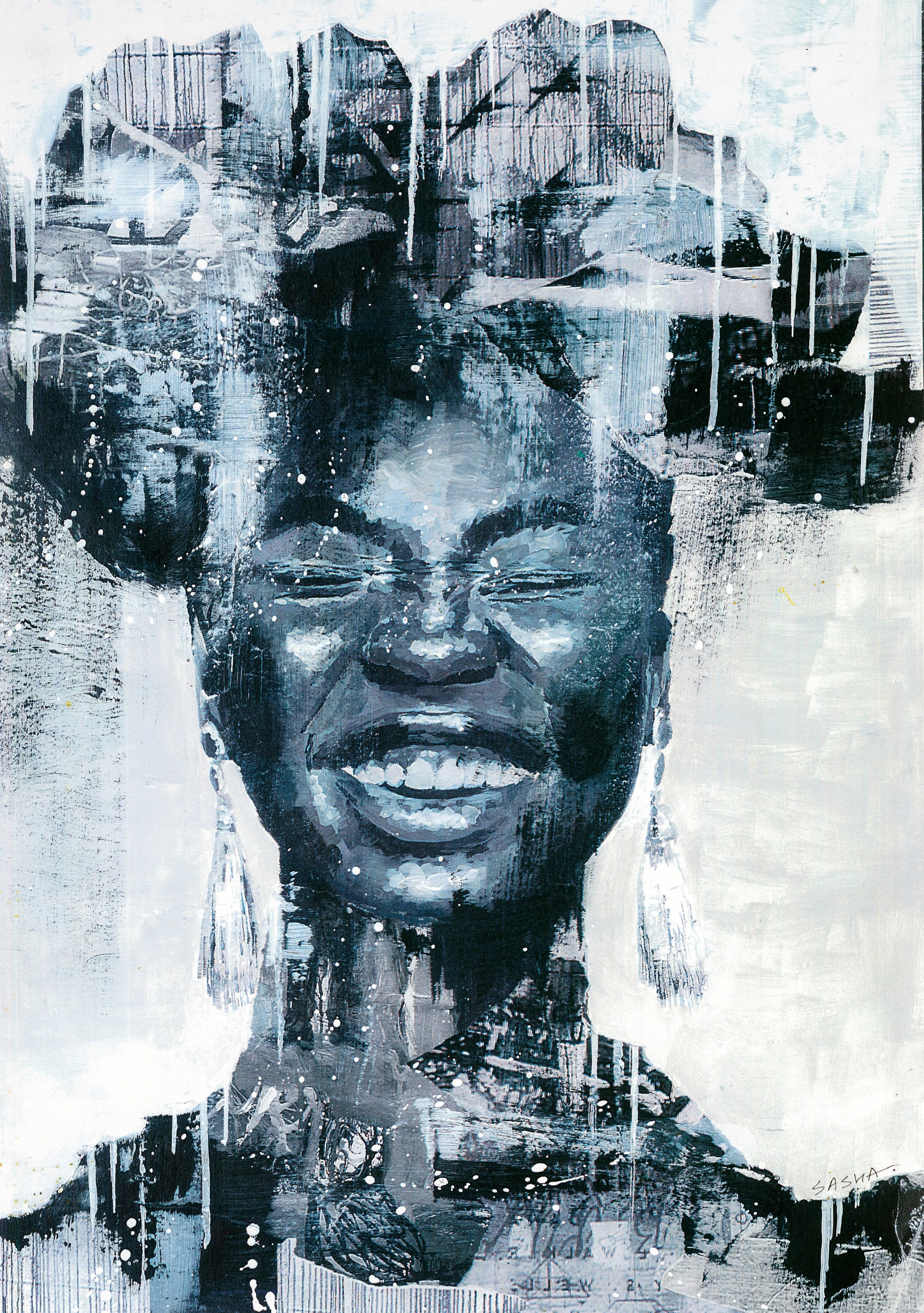 портрет смеющейся темнокожей женщины, будто нарисованный акварелью