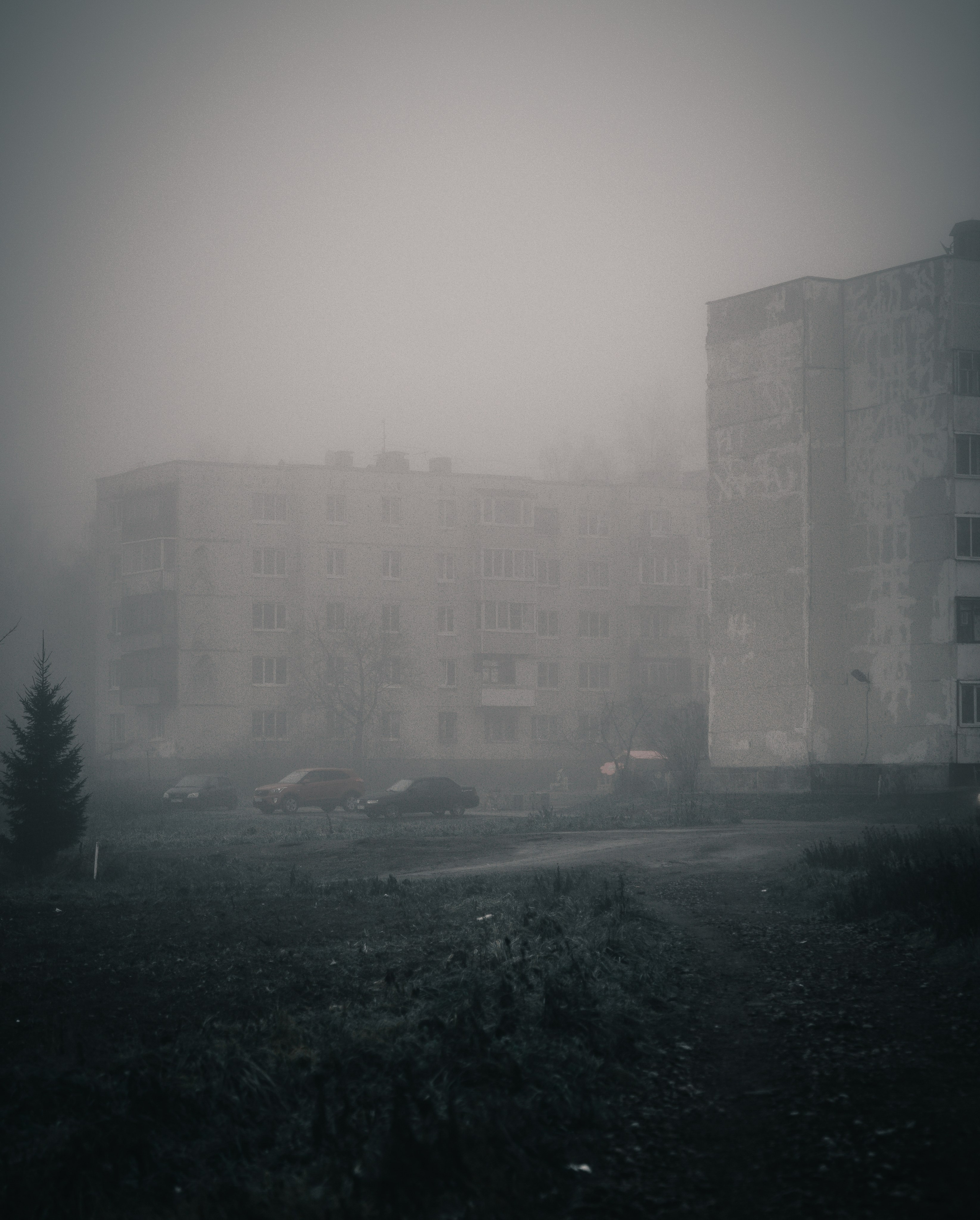 Туманный двор с панельными домами в спальном районе СПб, старые автомобили и лужи, меланхоличная городская атмосфера зимнего Петербурга, street-фото Евгения Мальцева.