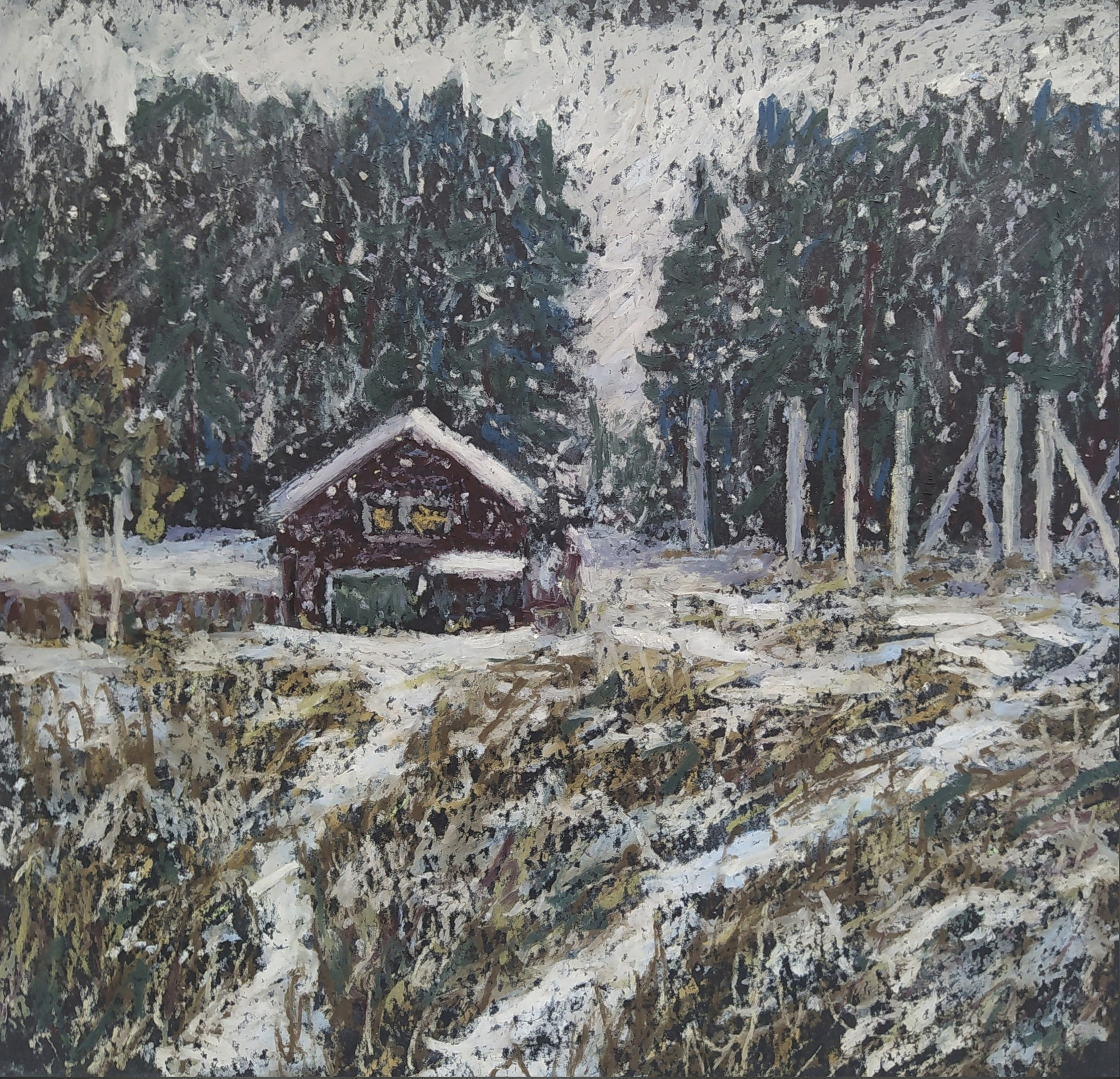 Пейзаж масляной пастелью, рисунок - Домик у леса и первый снег