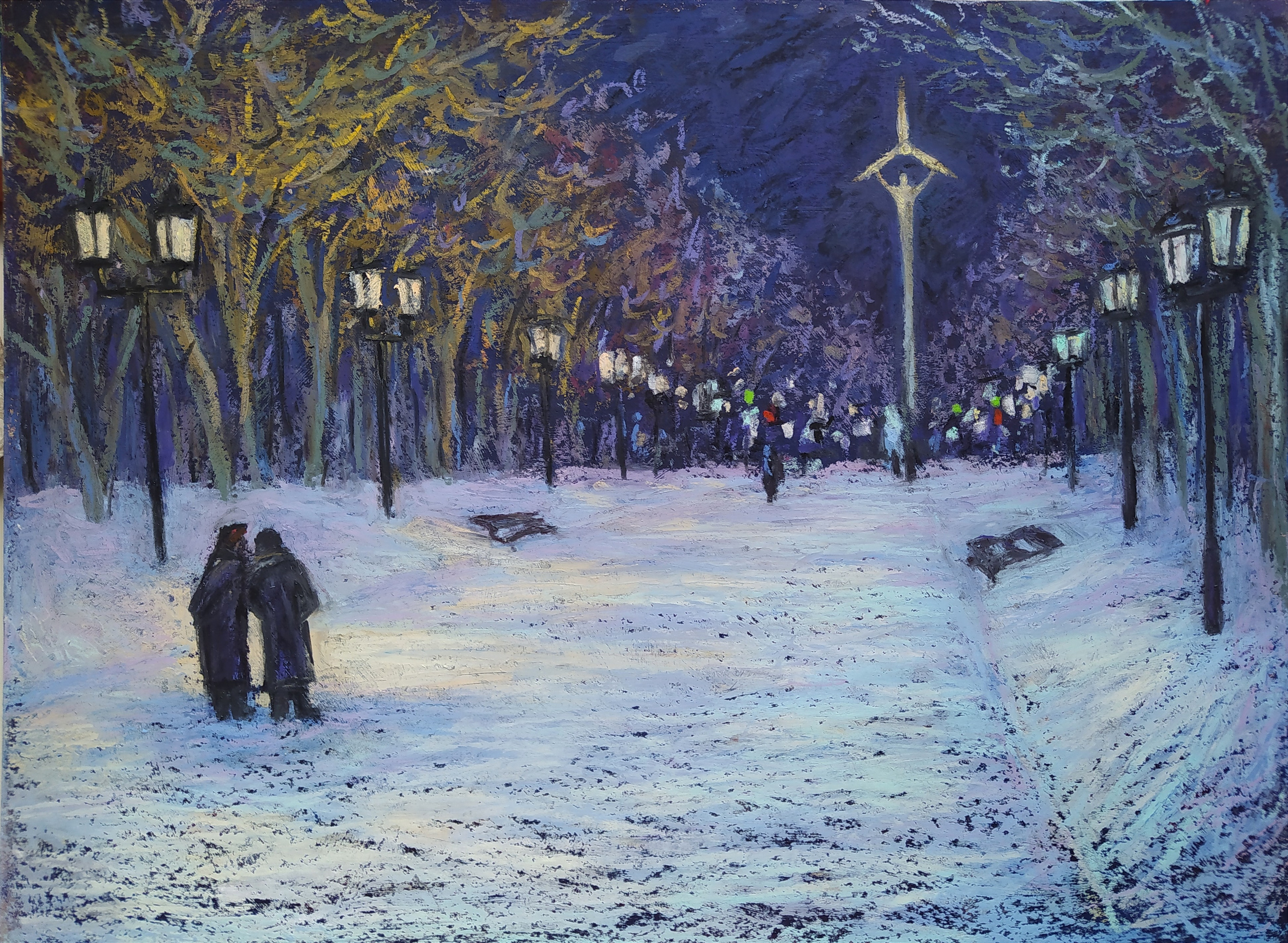 Пейзаж масляной пастелью, рисунок - Рыбинский сквер и вид на памятник авиатору зимой