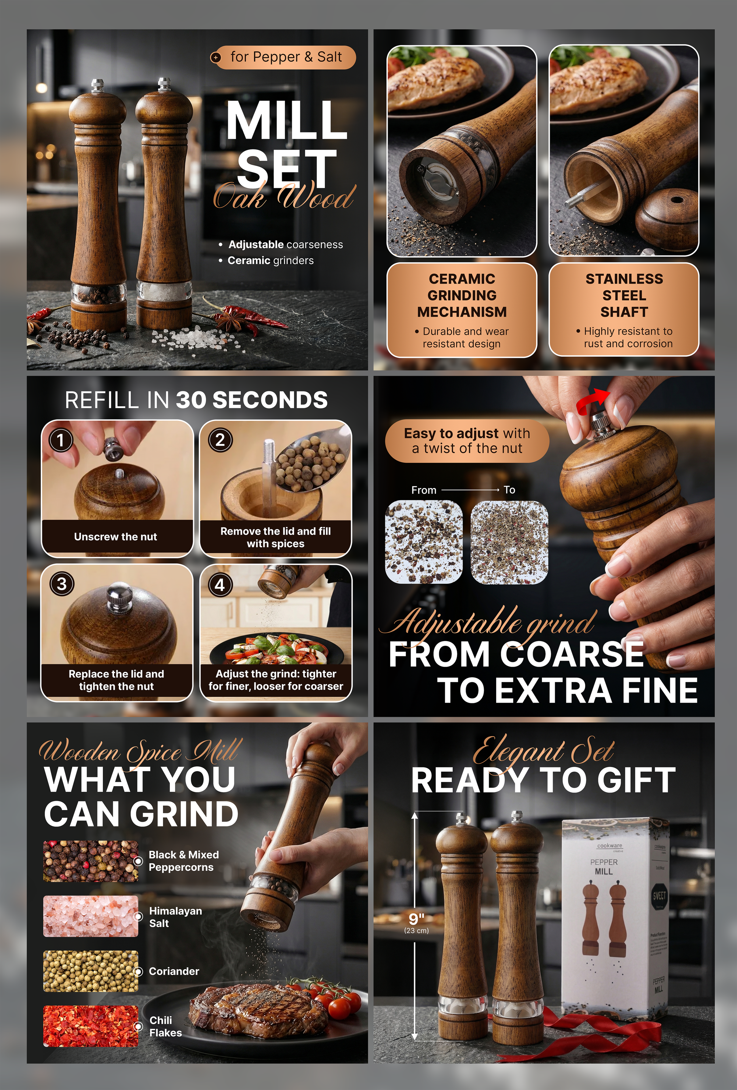 Professional Amazon Product Images for a premium oak wood pepper and salt mill set, showing ceramic grinding mechanism, stainless steel shaft, 30-second refill guide, adjustable grind settings from coarse to extra fine, and gift box packaging on a dark elegant background. 