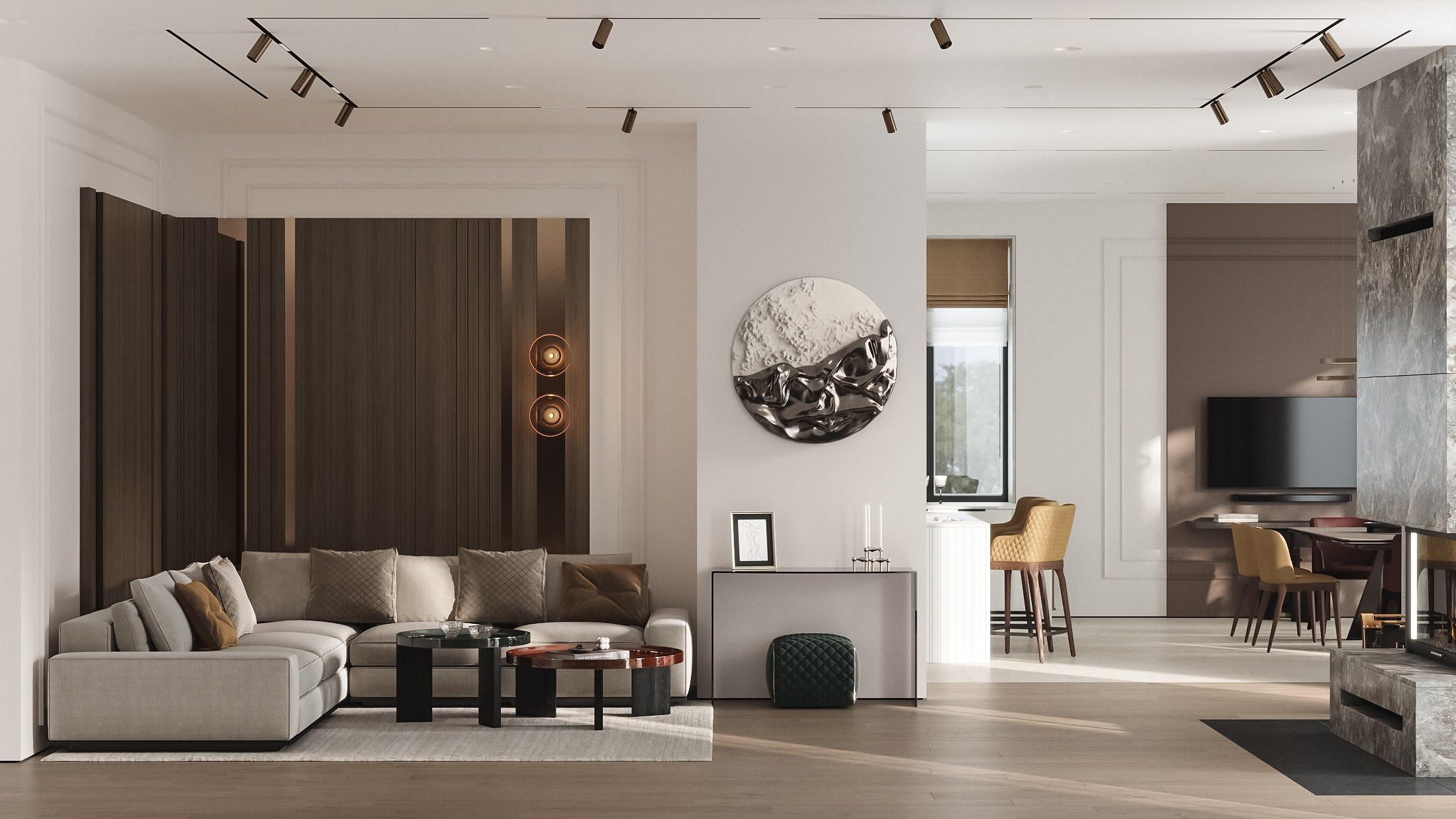 3д визуализация интерьера кухни-гостиной в современном стиле 