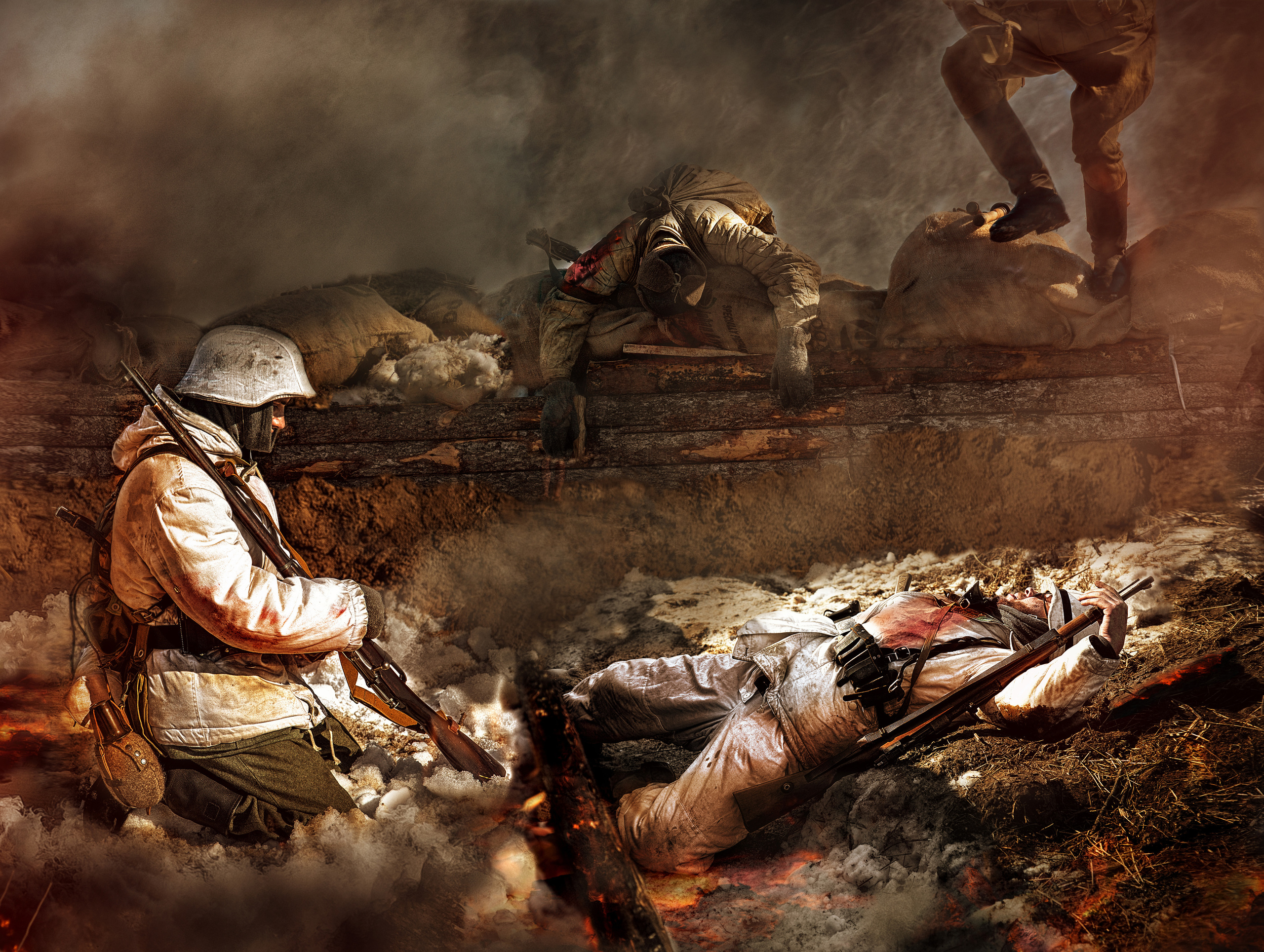 В окопе убитый немецкий солдат в белом защитном халате. Атака русских солдат