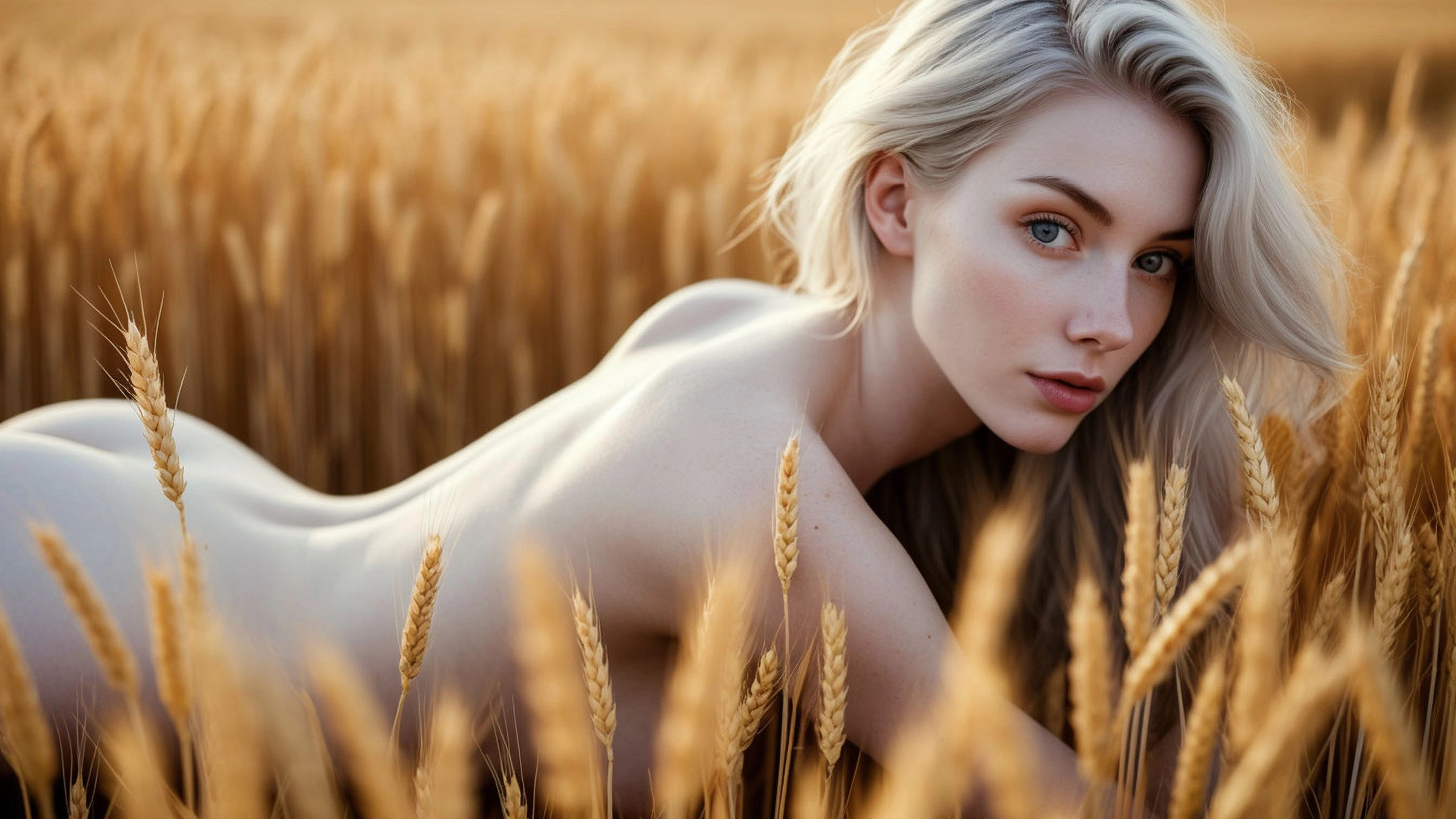 Обнаженная девушка в поле пшеницы