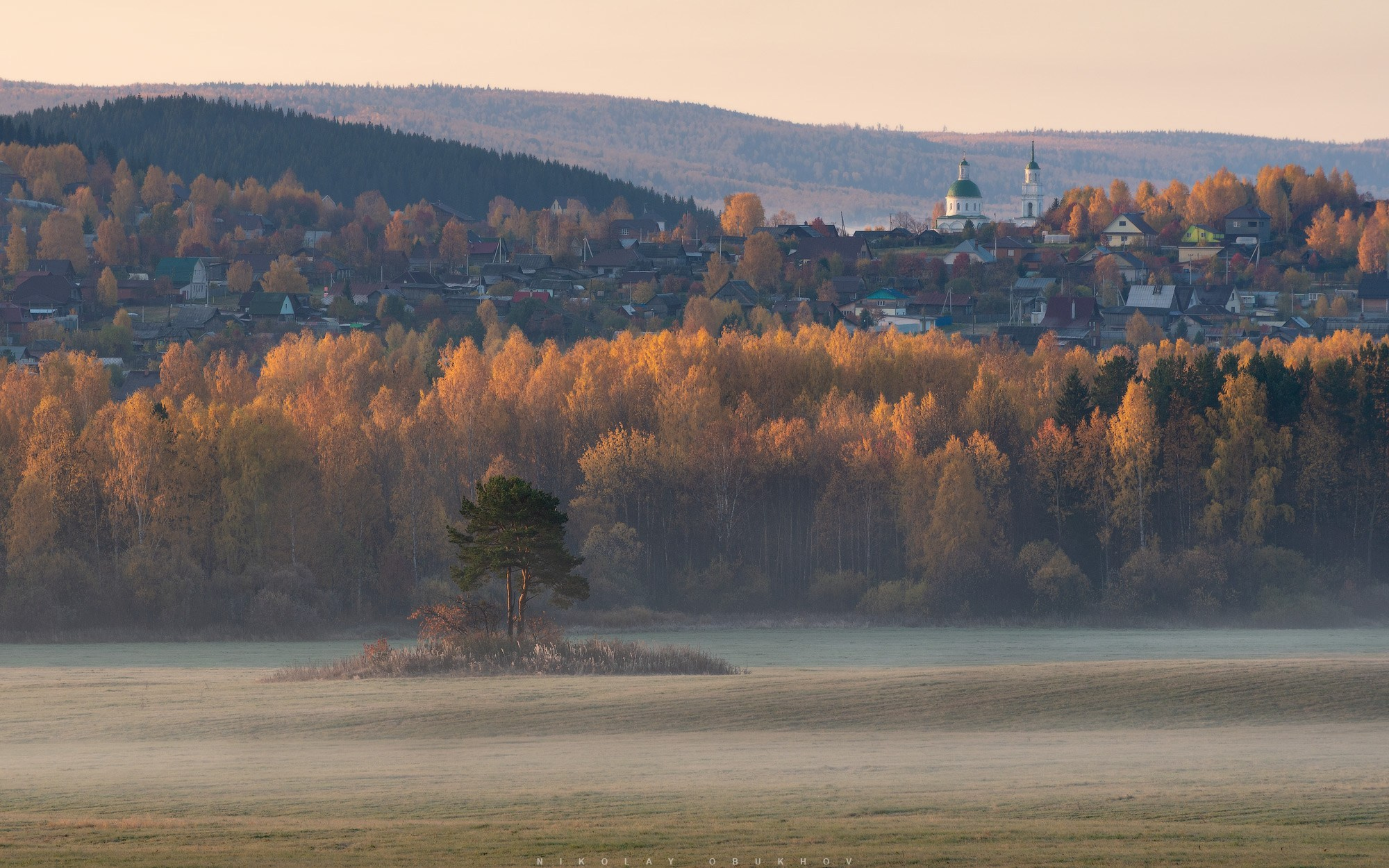 Русская золотая осень: поле на краю деревни, одинокое дерево и церковь.