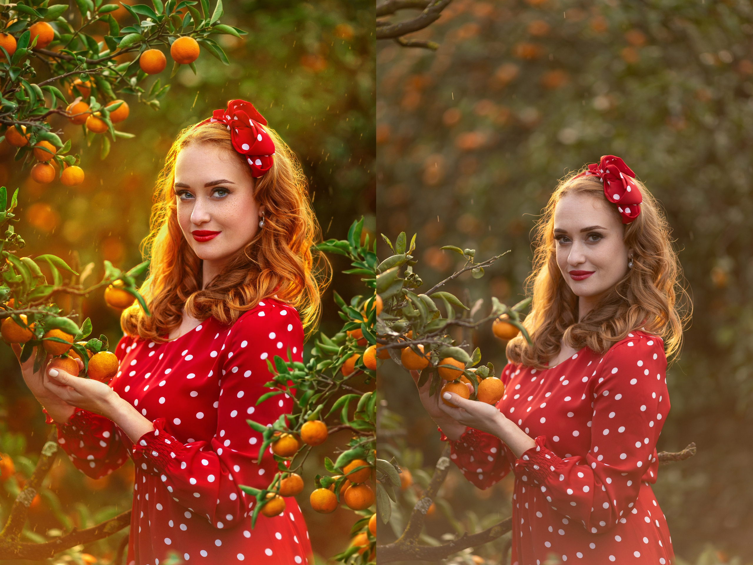 Ретушь художественной фотографии до и после: обработка кожи, коррекция цвета и объема на снимке в полный рост.