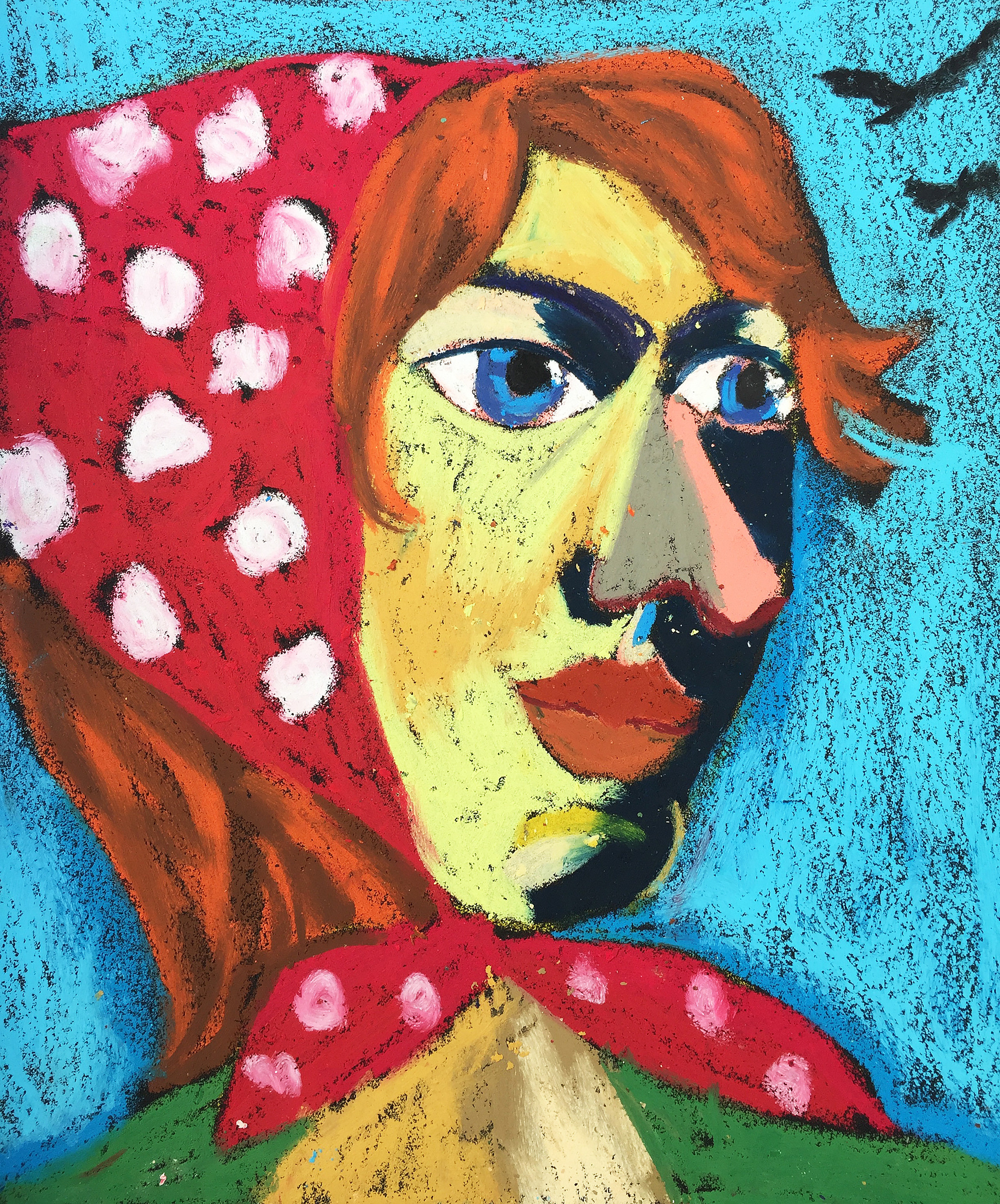 Title: Girl in a Scarf Material: Oil Pastel, Sandpaper Size: 28 x 23 cm Название:  Девушка в платке  Материал: масляная пастель, наждачная бумага  Размер: 28 х 23 см