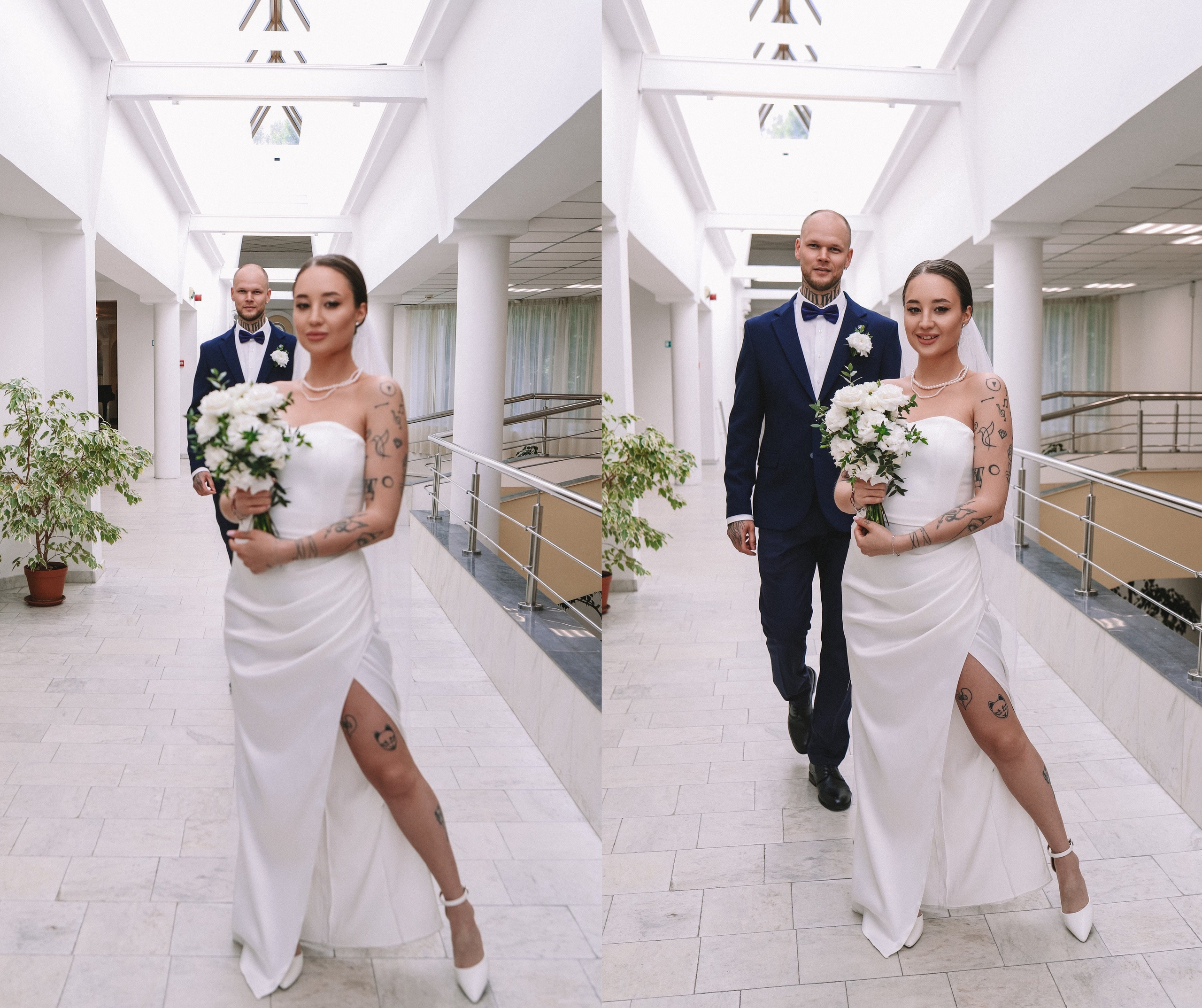 Свадебная фотосессия в Санкт-Петербурге — жених и невеста выходят из ЗАГСа