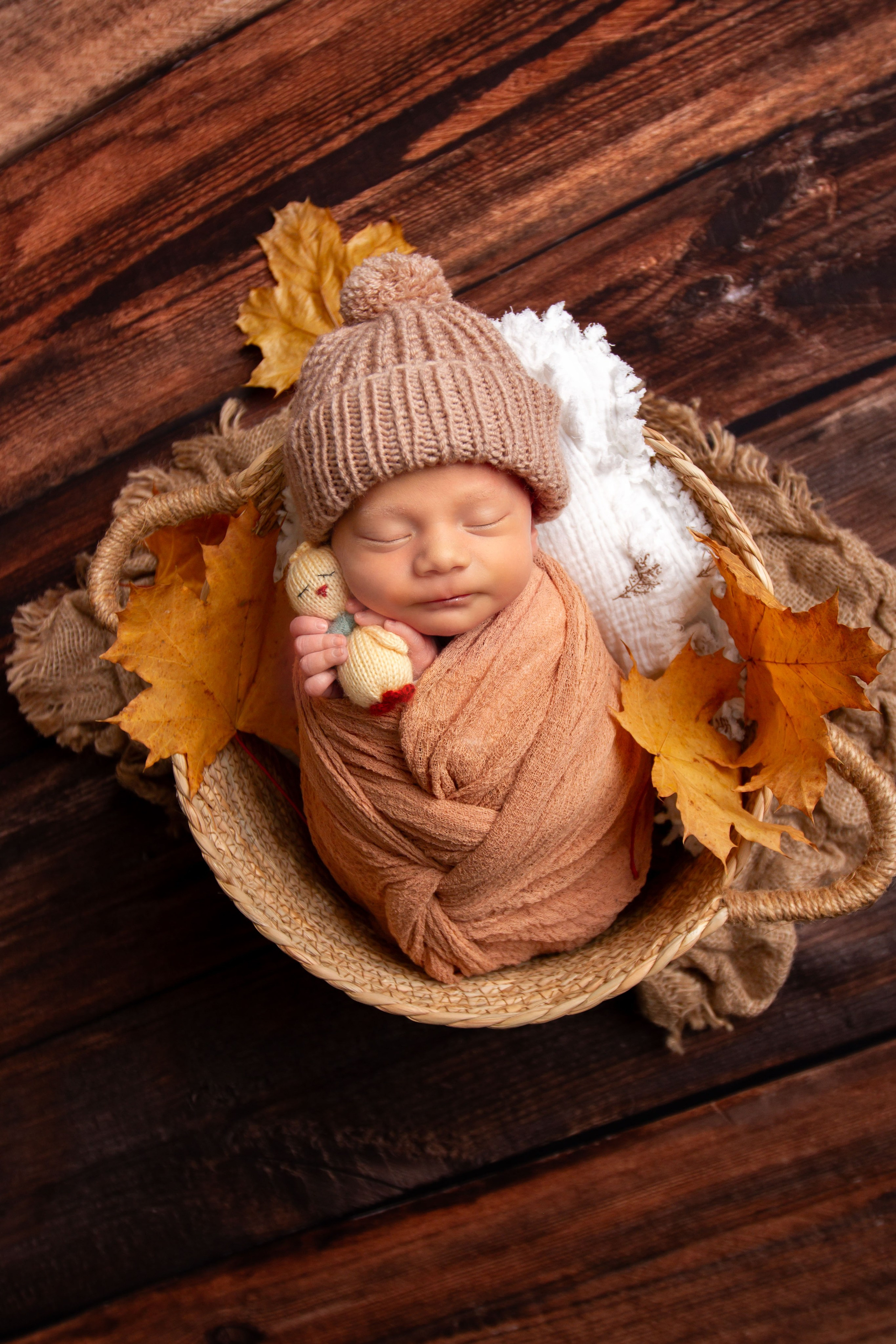 Новорожденный малыш в осенней корзинке