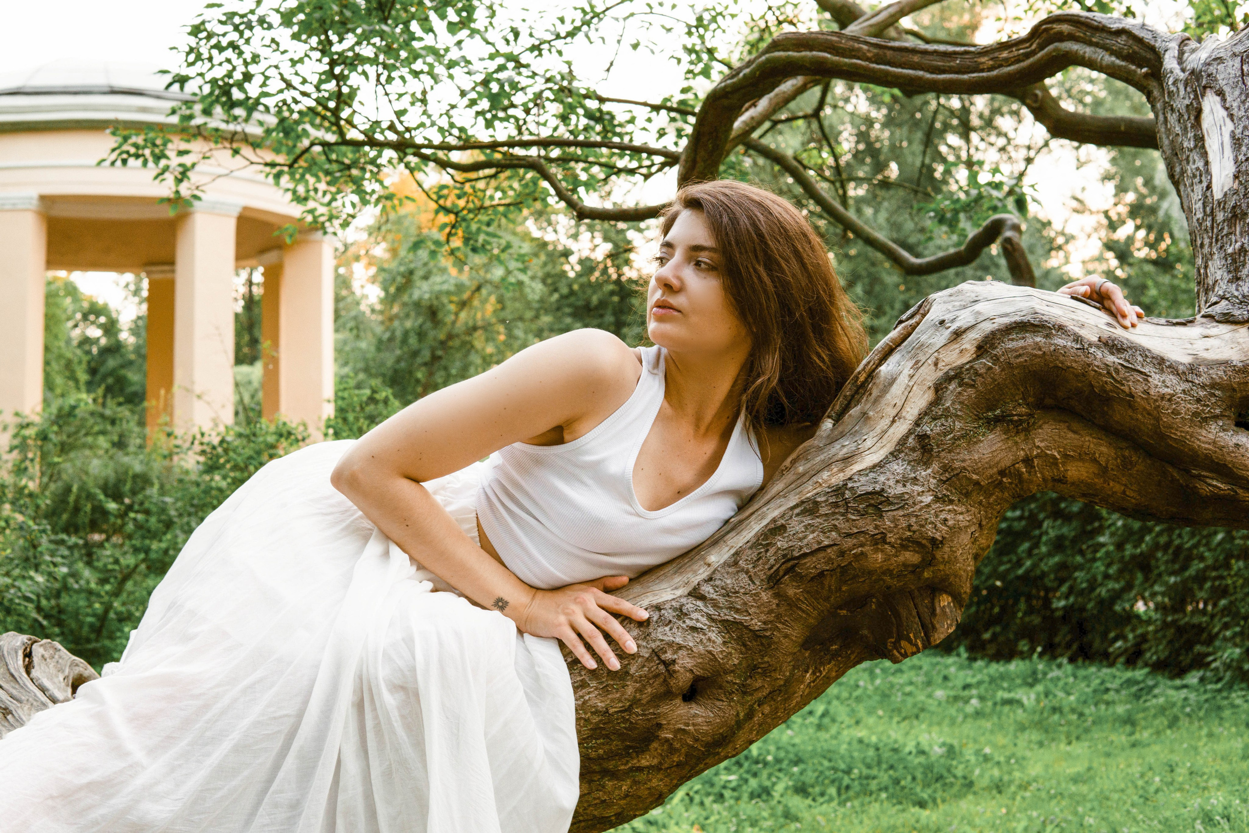 портрет девушки на дереве в белом платье летом 