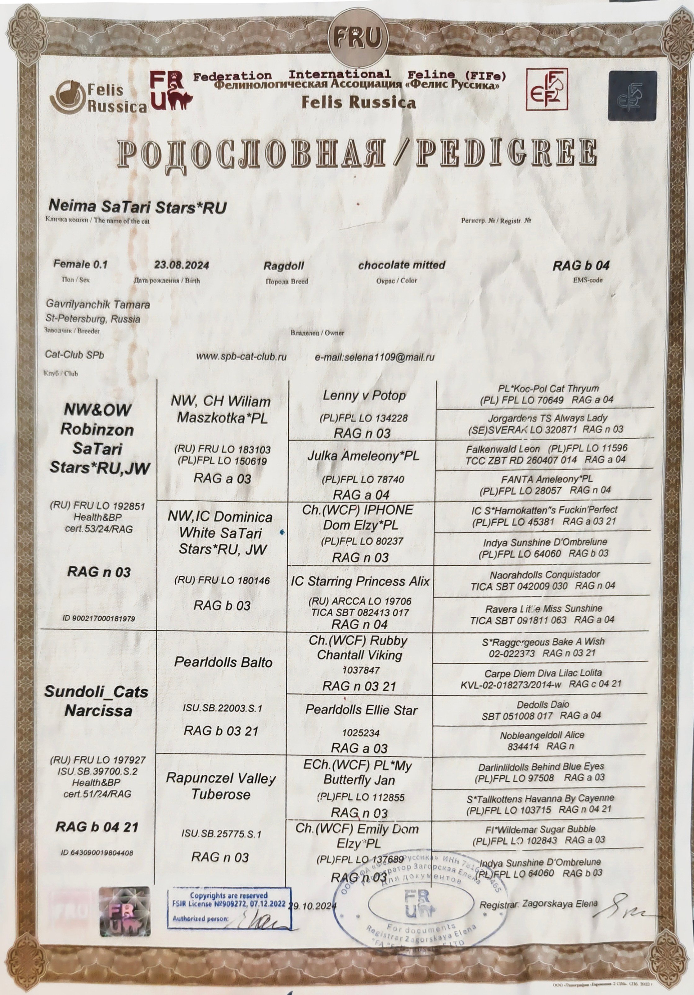 Документы производителей Loyal Adore. Питомник рэгдолл Loyal Adore