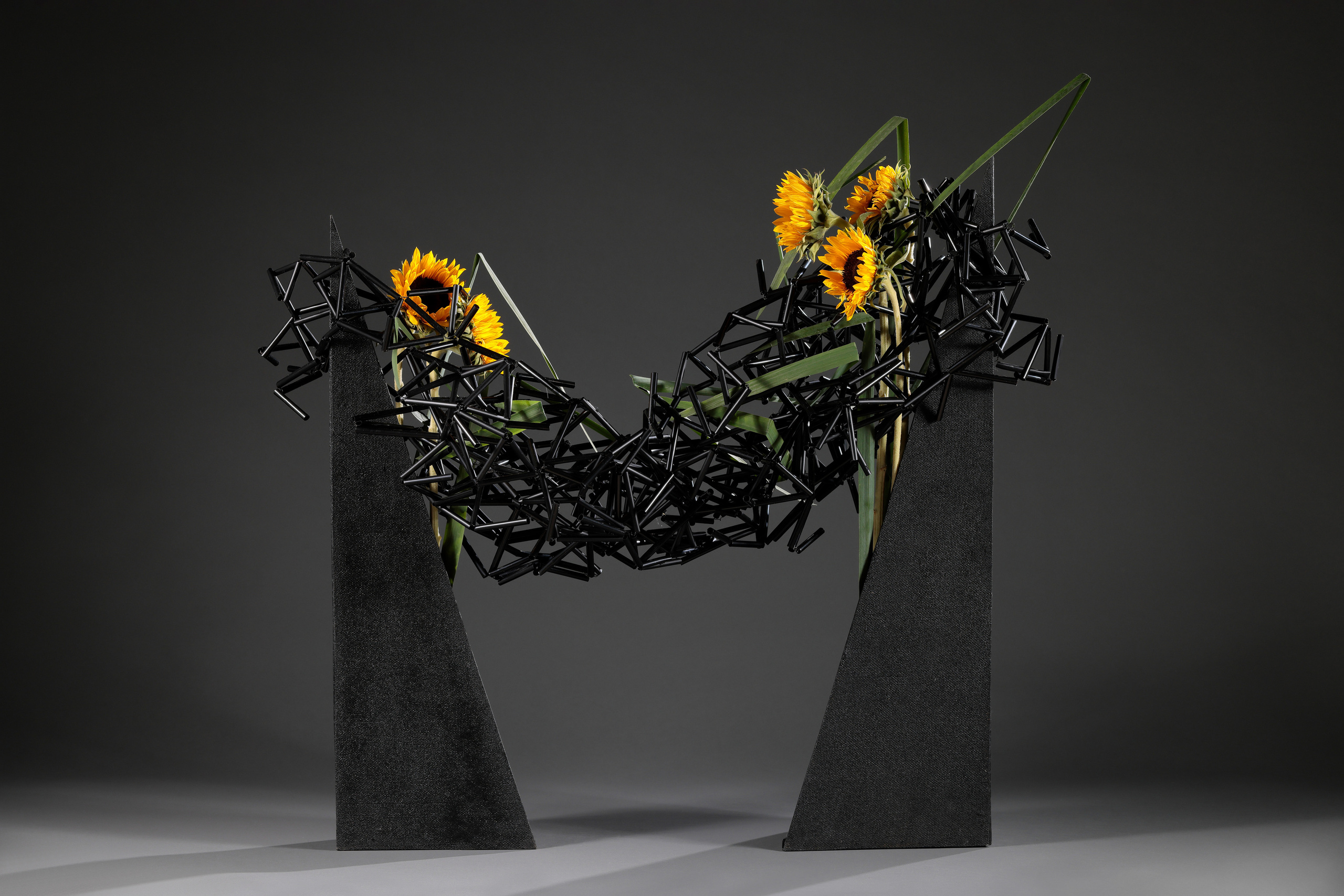 Икебана в двух чёрных треугольных вазах с подсолнухами на сером фоне.