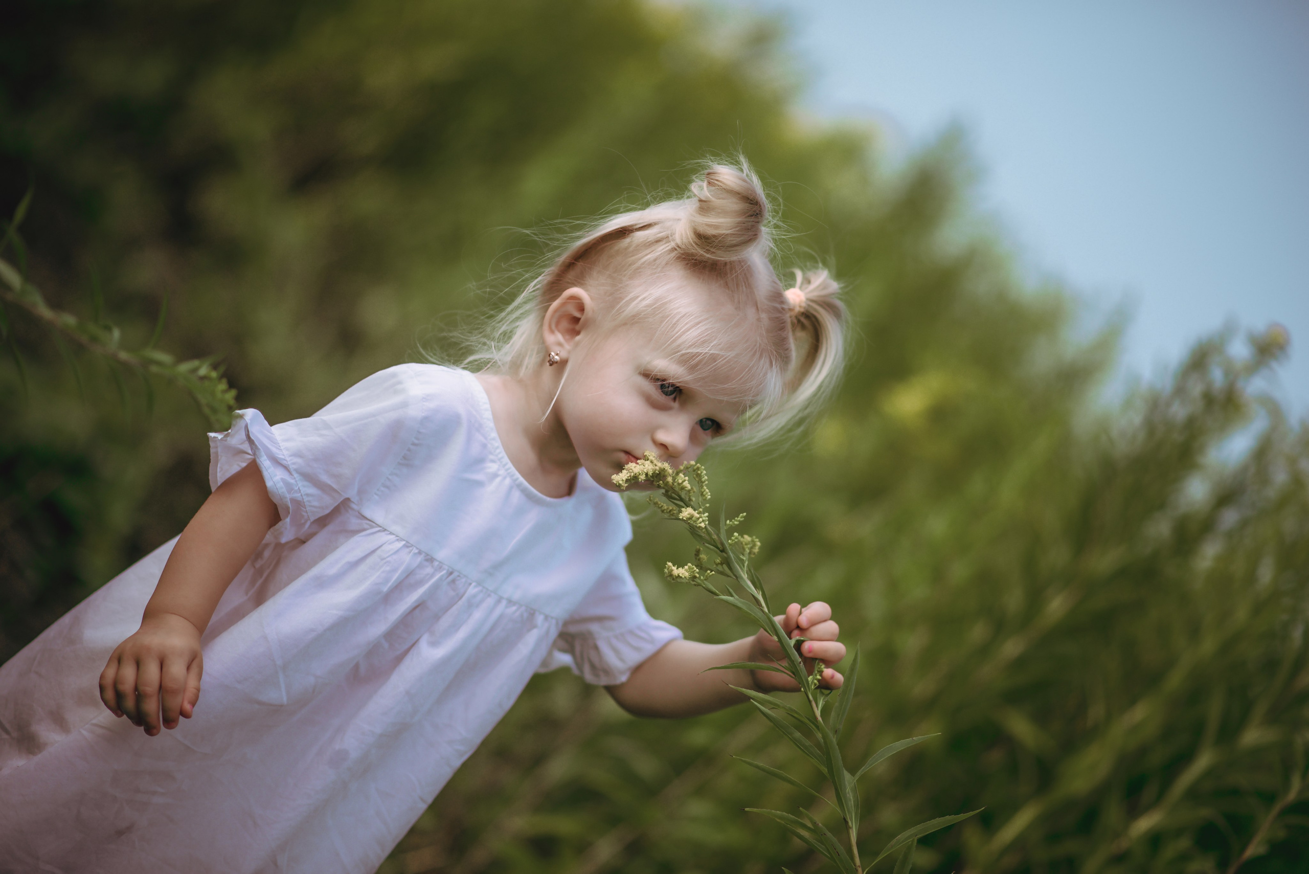 Little girl standing in tall grass and smiling