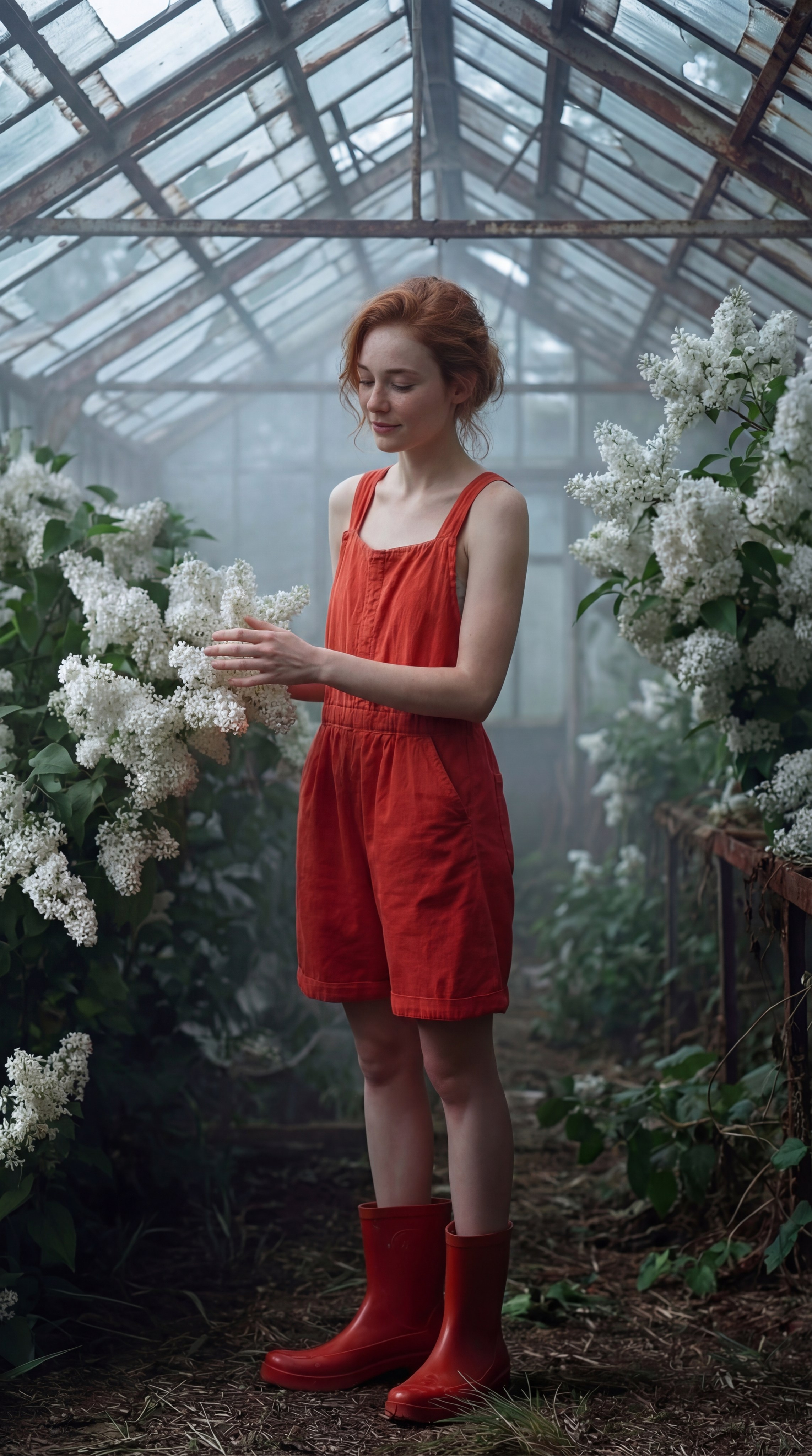 AI-фото девушки в красном комбинезоне и красных сапогах в цветущей оранжерее, нейро-контент для fashion-бренда, AI-визуал яркая съёмка в ботаническом саду