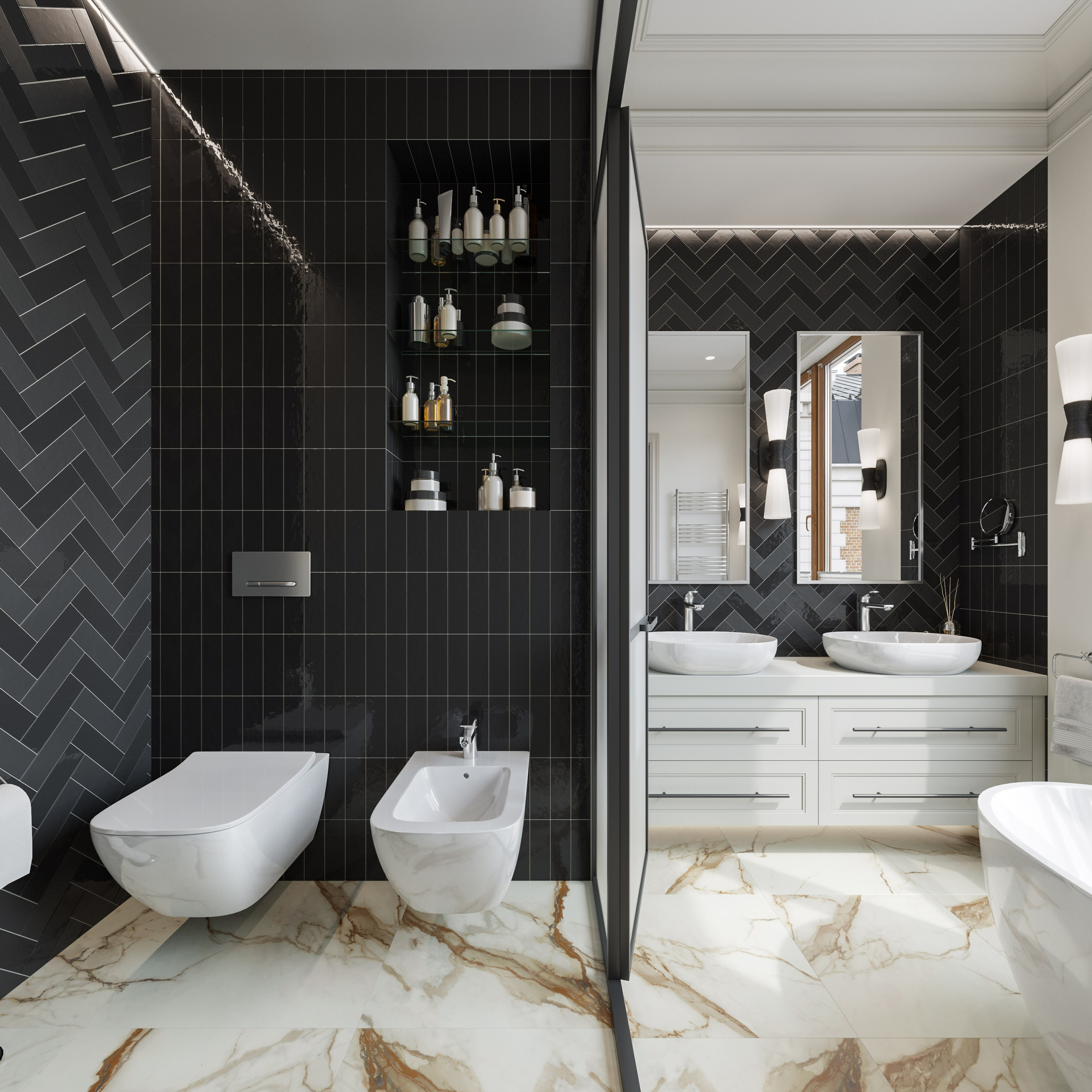 Уникальное сочетание классических элементов и стены с плиткой - елочкой с подсветкой.