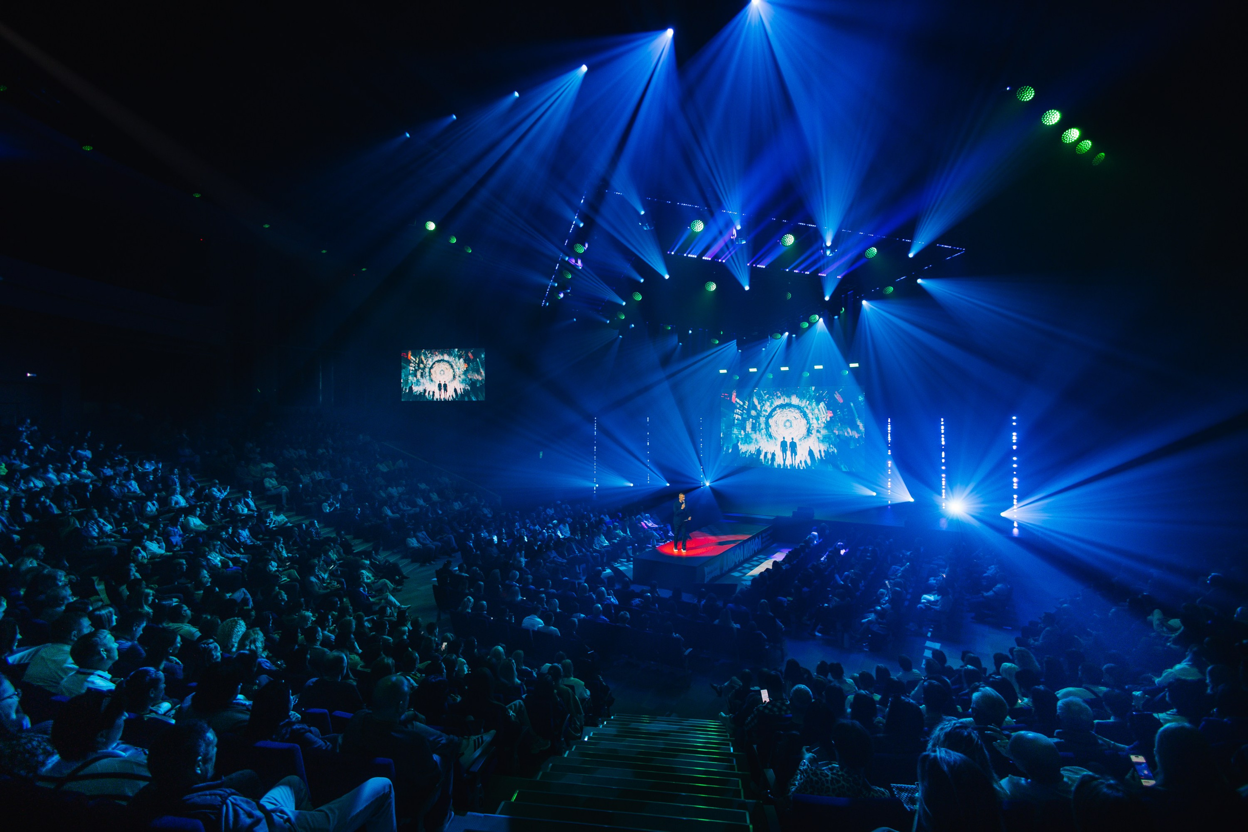 Шоу и толпа: Вид со спины на зал во время кульминации выступления, яркие визуальные спецэффекты.