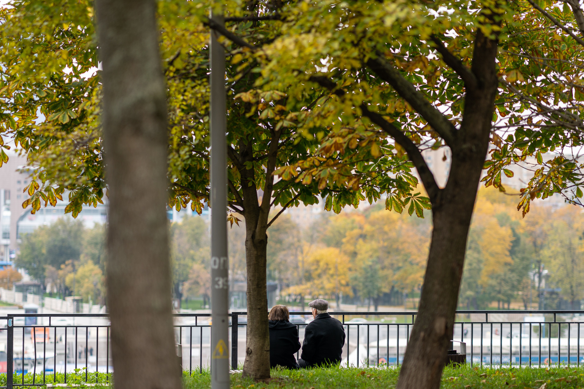 Двое пожилых людей сидят на скамейке и смотрят на Москву на Ростовской набережной 