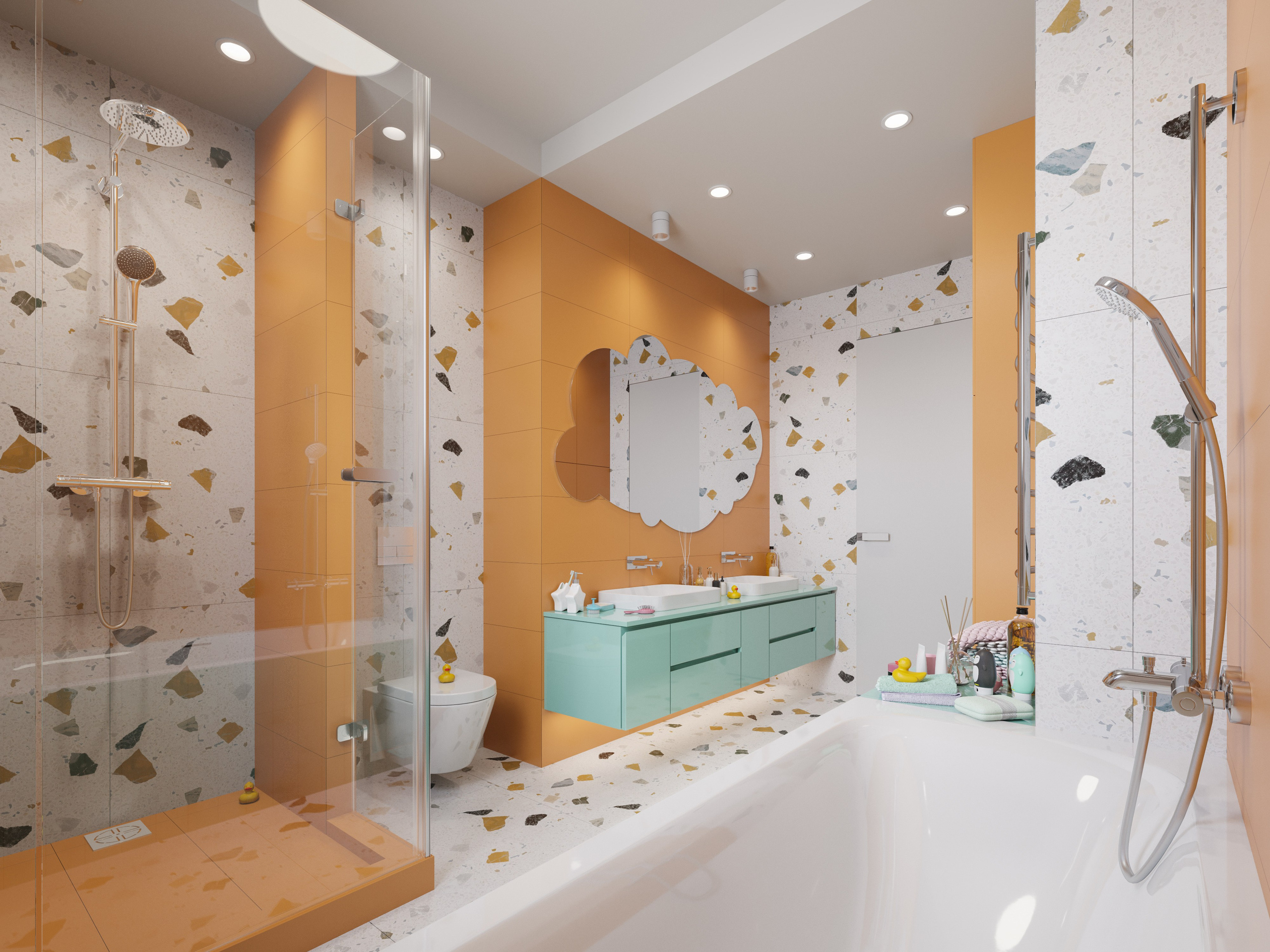 Детская ванная комната с ванной и душевой