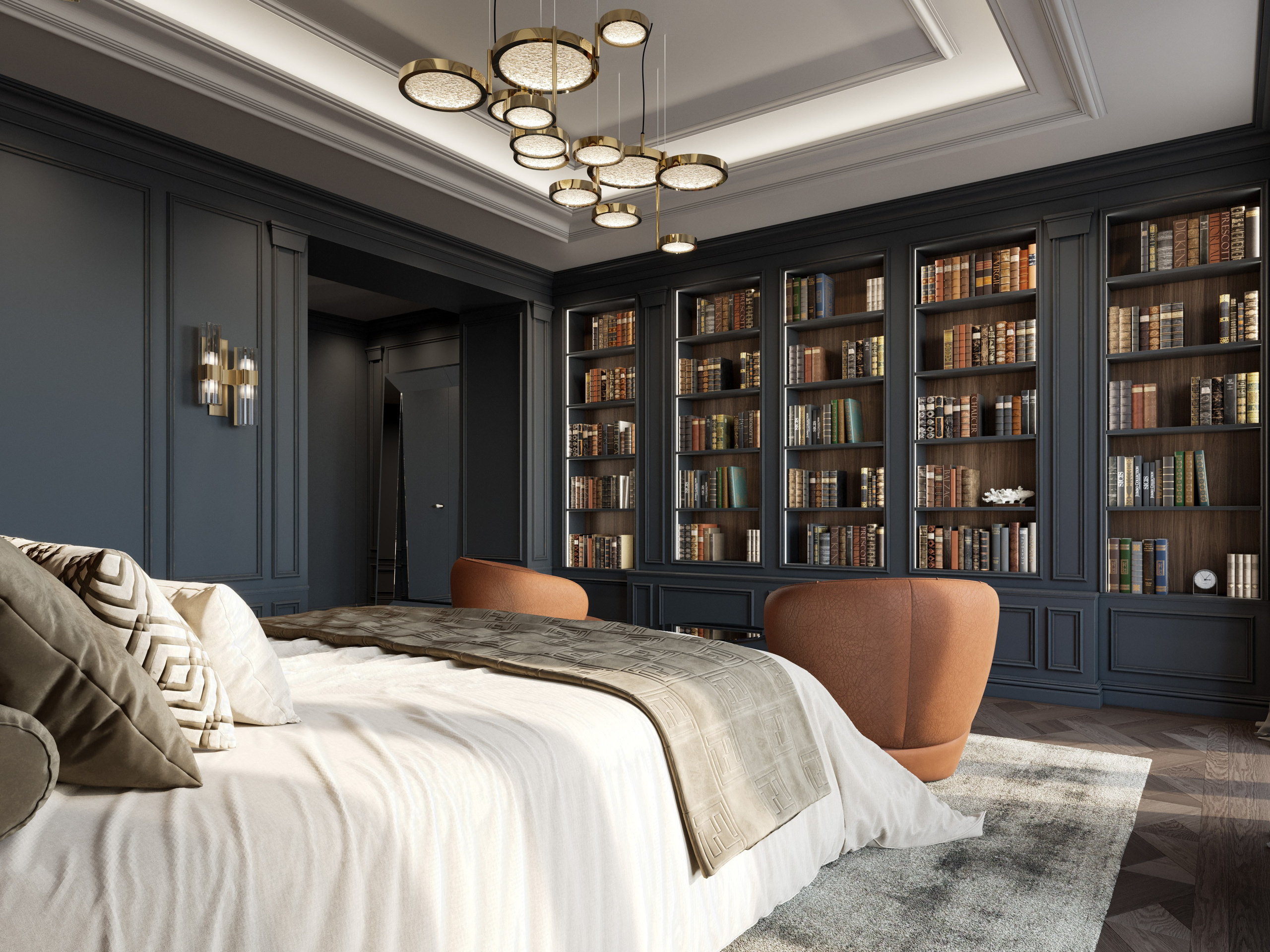 Интерьер гостевой спальни с кроватью и библиотекой для комфортного пребывания