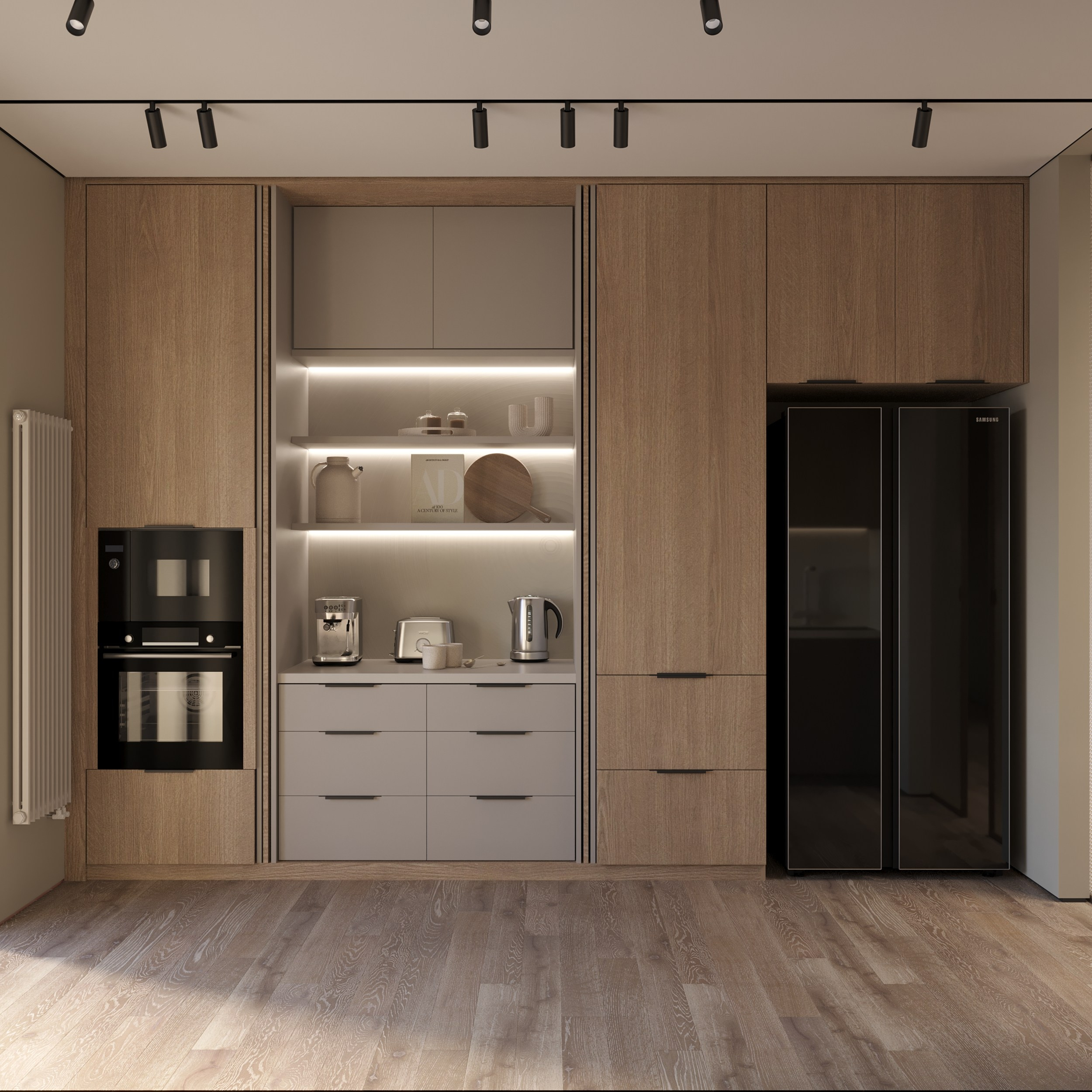 организация систем хранения в кухне в высоких шкафах, фасад из натурального шпона