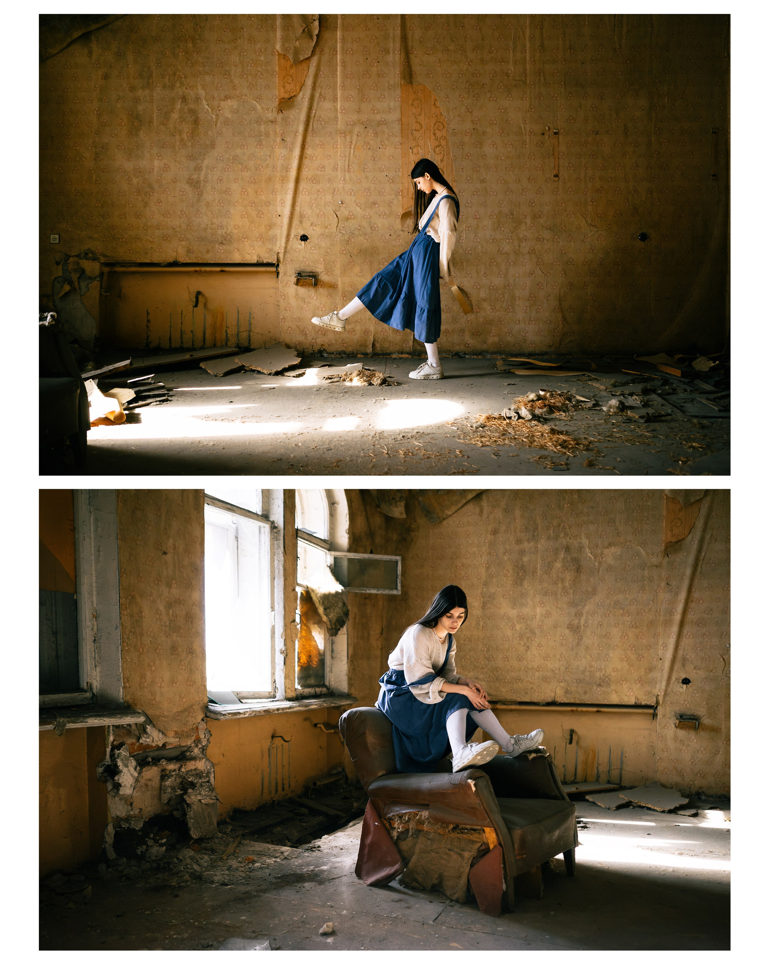 Девушка сфотографирована на фоне старой комнаты с облезлыми обоями