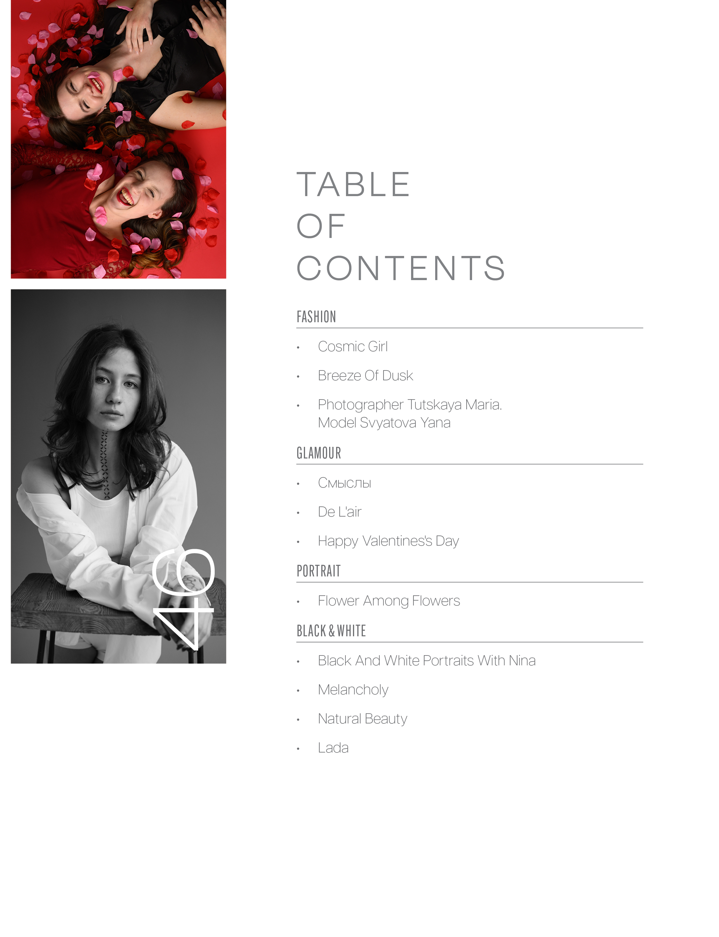 На изображении разворот глянцевого журнала. Слева вверху две фотографии: на первой две девушки лежат на красном фоне, усыпанном лепестками роз, и улыбаются. На второй фотографии девушка в черно-белом варианте, сидящая на стуле, смотрит в камеру. Справа от фотографий расположен текст "TABLE OF CONTENTS" (Содержание). Ниже перечислены разделы: "FASHION" (Мода), "GLAMOUR" (Гламур), "PORTRAIT" (Портрет) и "BLACK & WHITE" (Черно-белое). Каждый раздел содержит названия статей и имена авторов.