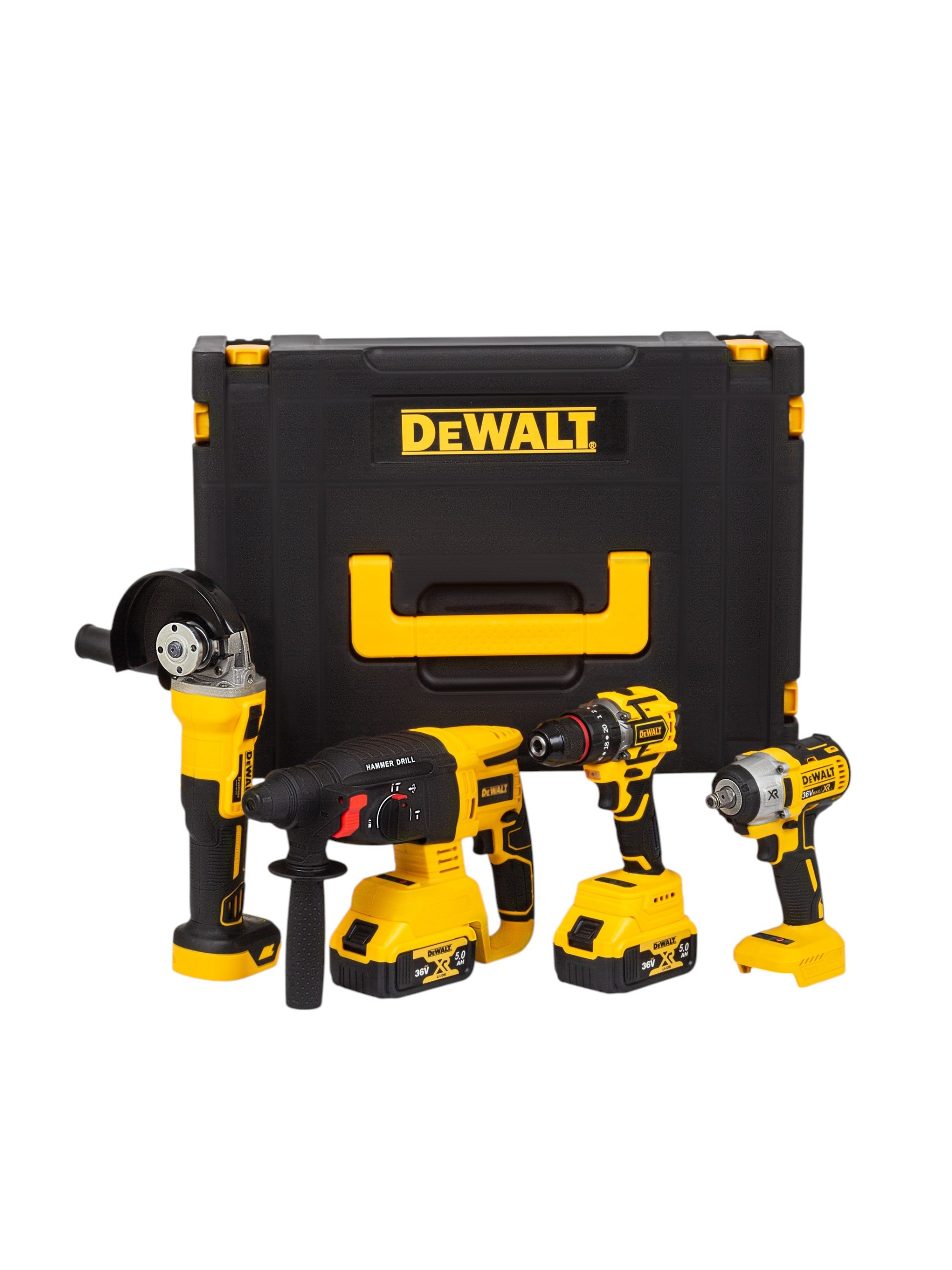 Жёлто-чёрный электроинструмент DeWalt — дрель, шуруповёрт, УШМ — перед большим кейсом на белом фоне.