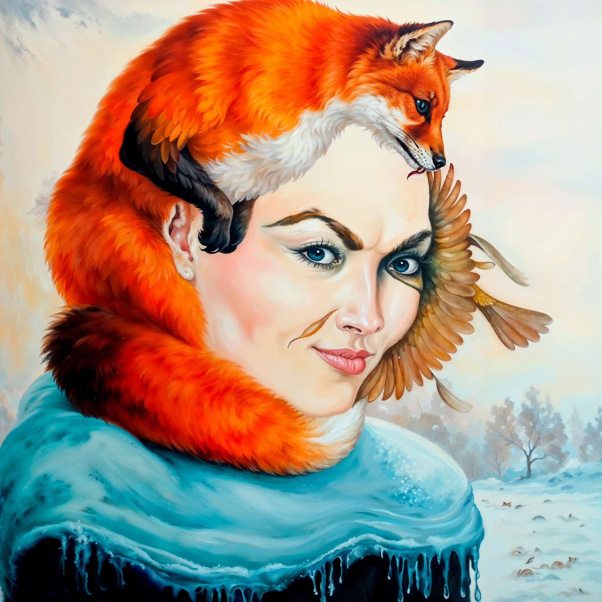 Женское лицо, созданное из лисы, птицы и зимнего фона — оптический портрет