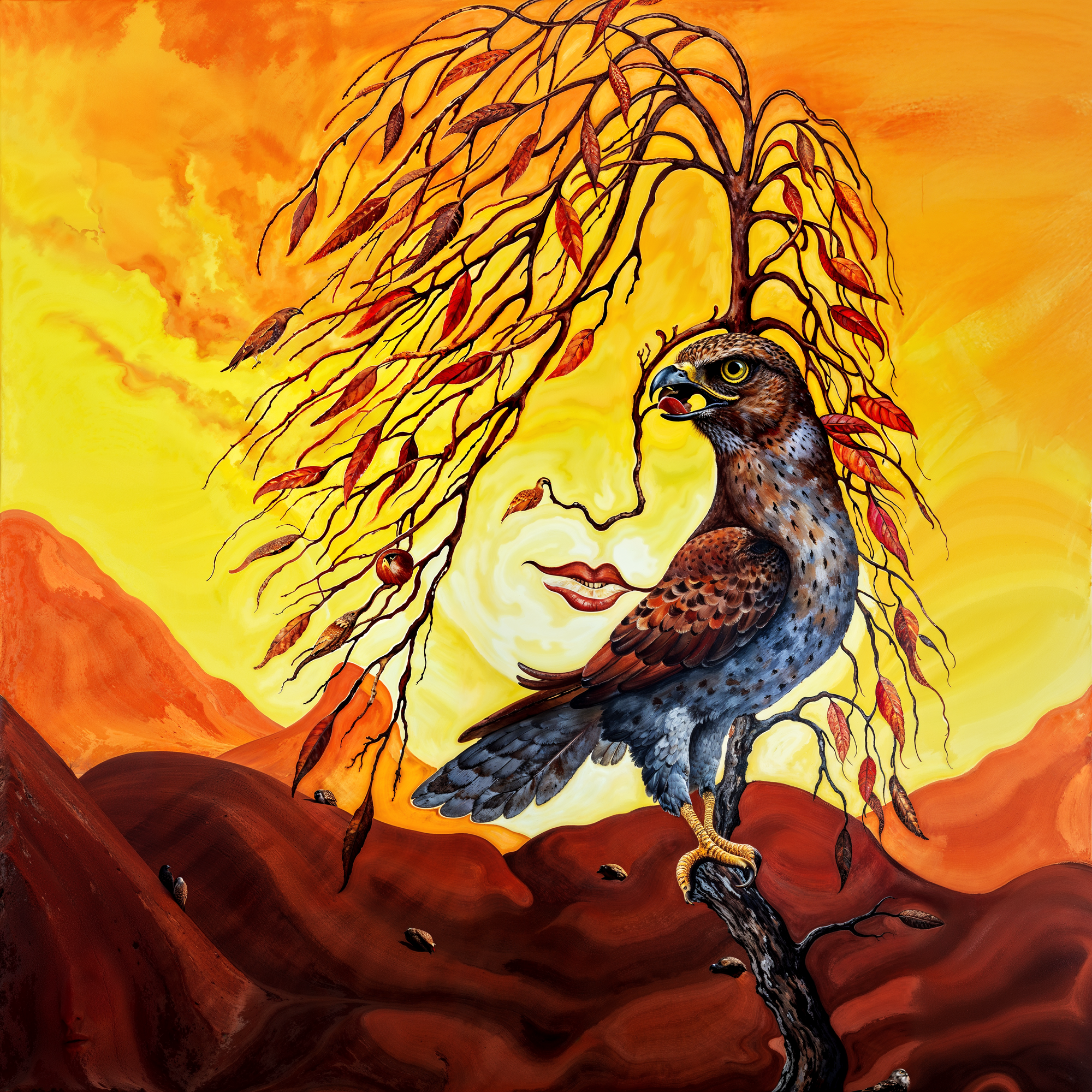 Сокол, превращающийся в женское лицо среди осенних деревьев